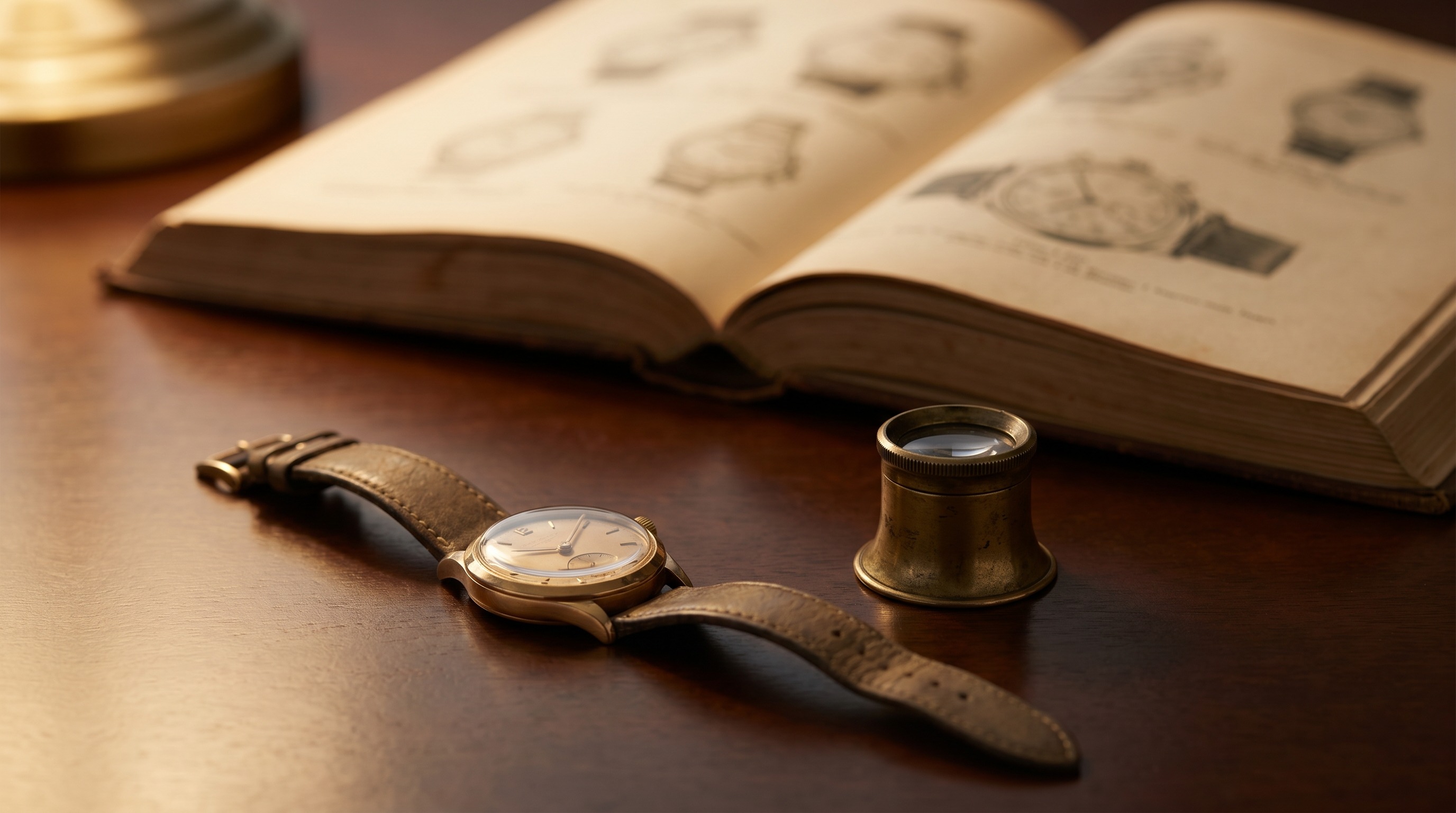 Vintage gold watch beside a jeweller's loupe and reference book — Mozeris Fine Antiques