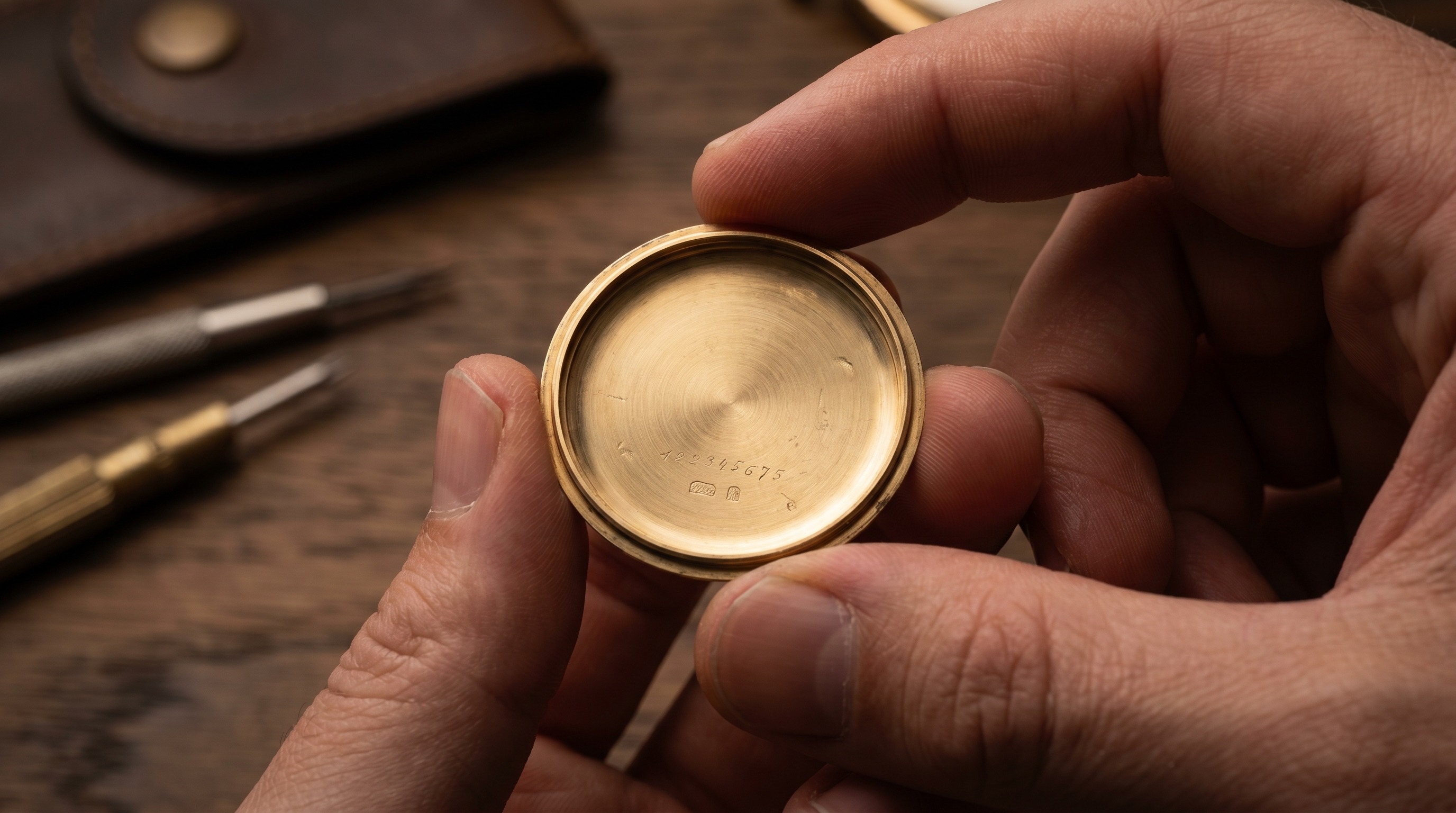 Open gold watch case-back showing engraved serial numbering