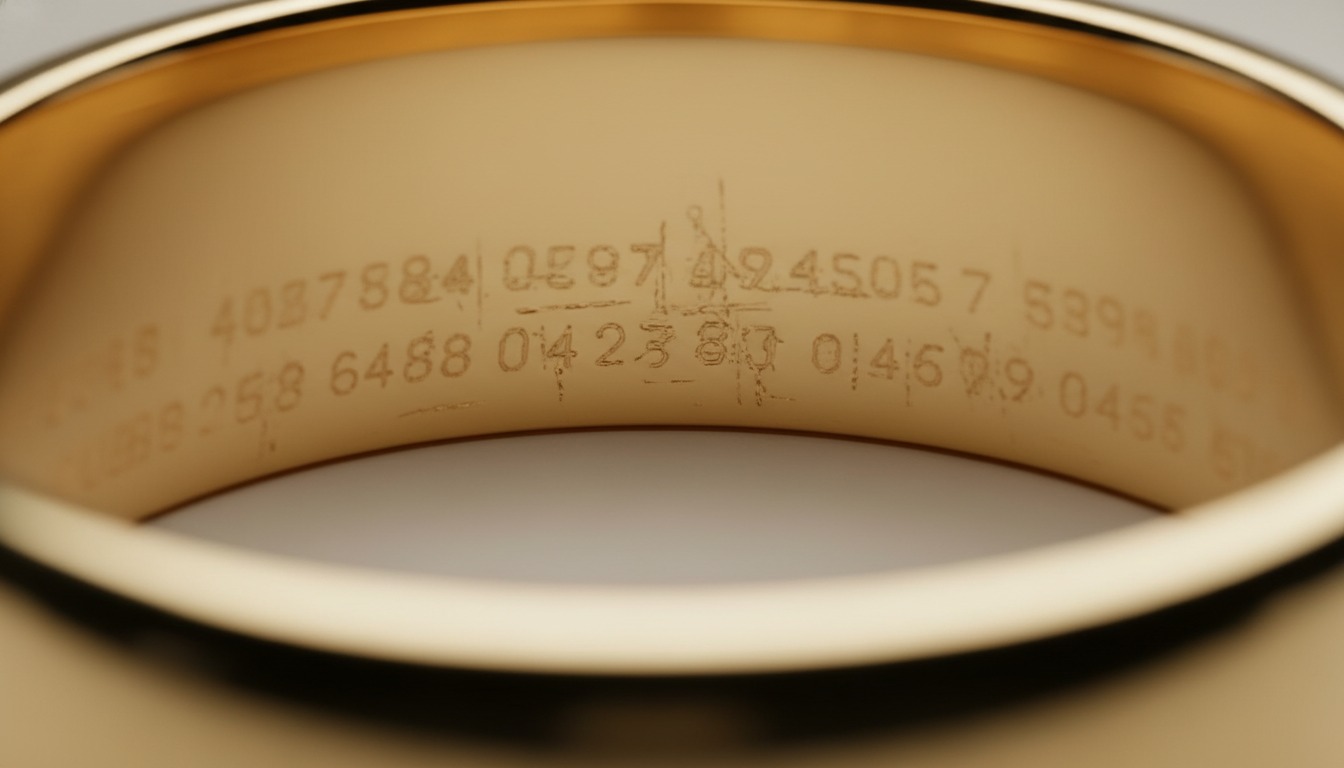 Macro of the inside engraving and hallmarks of a gold bangle