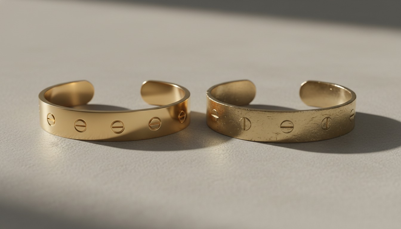 Two gold screw-motif bangles side by side for authentication comparison — Mozeris Fine Antiques