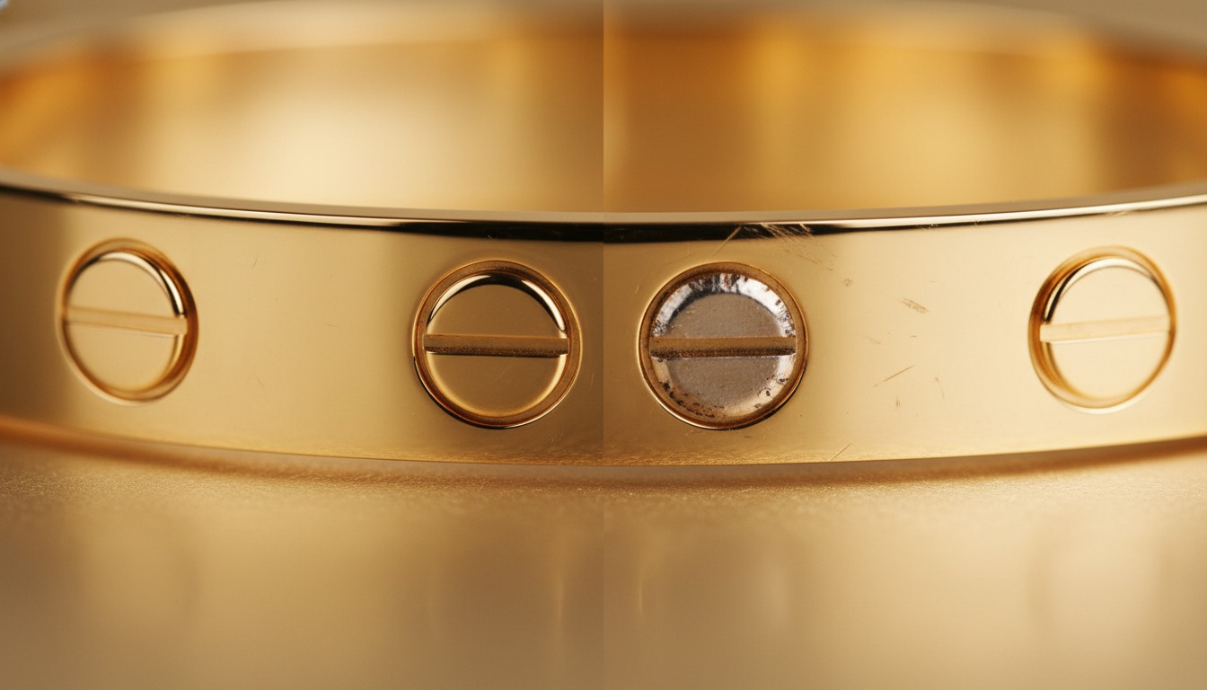 Macro comparison of screw alignment and finish on a gold bangle