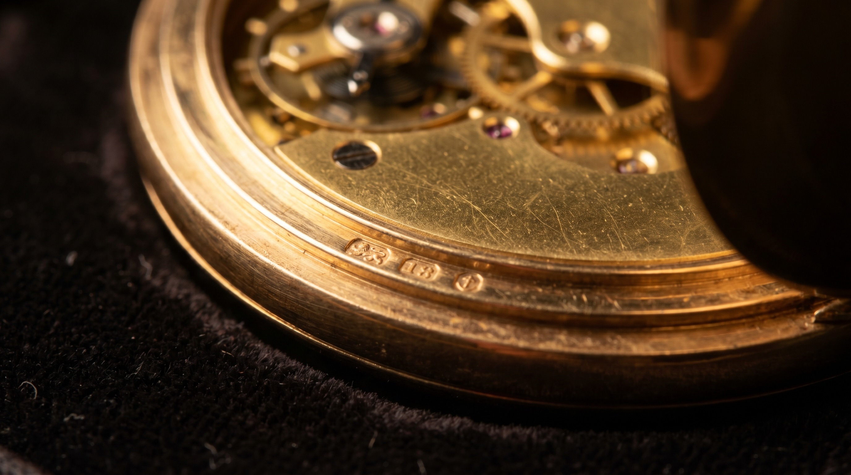 Macro of punched hallmark stamps on the case-back of an antique gold watch