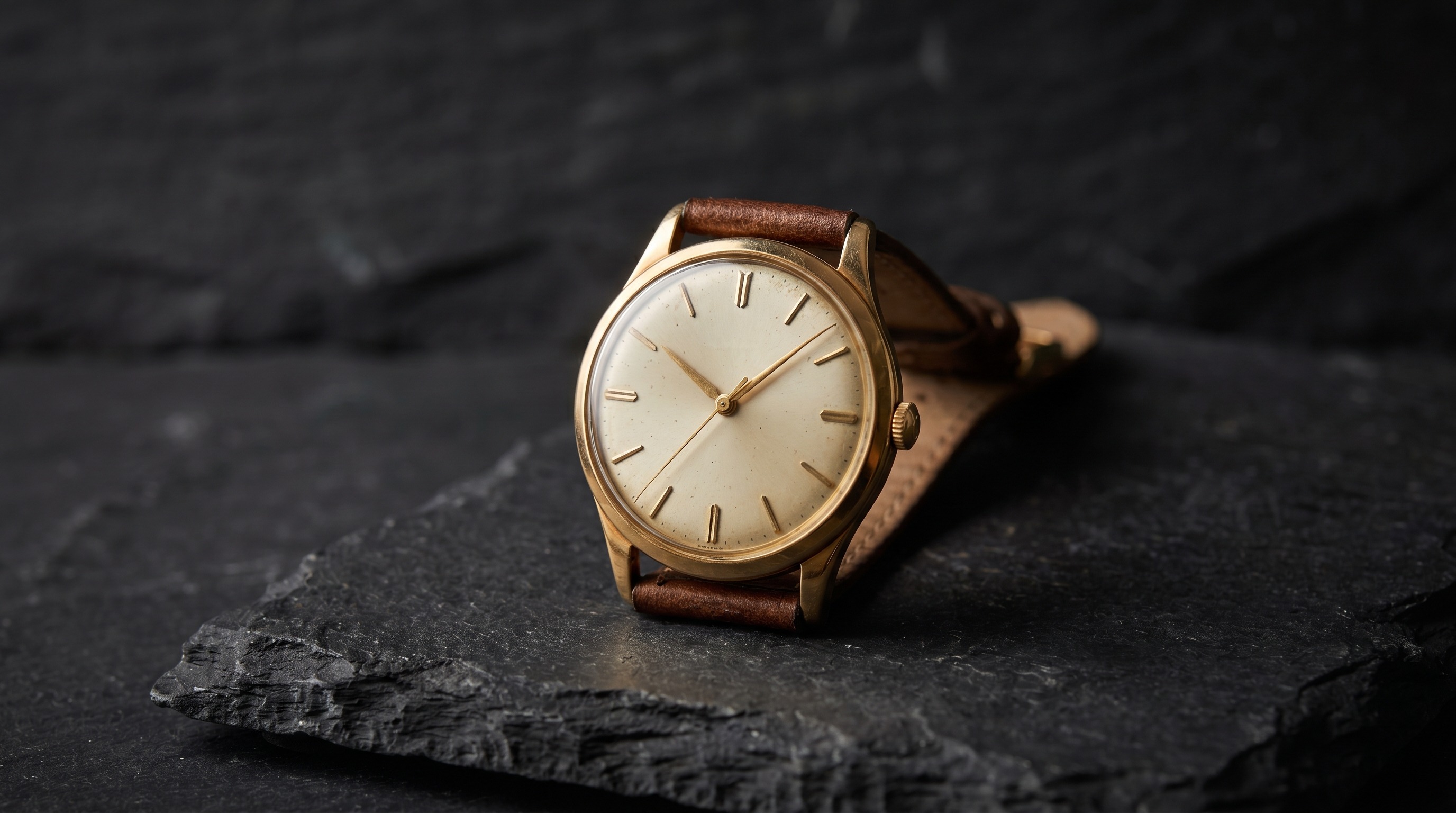 Vintage 18ct gold gentleman's wristwatch on charcoal slate — Mozeris Fine Antiques