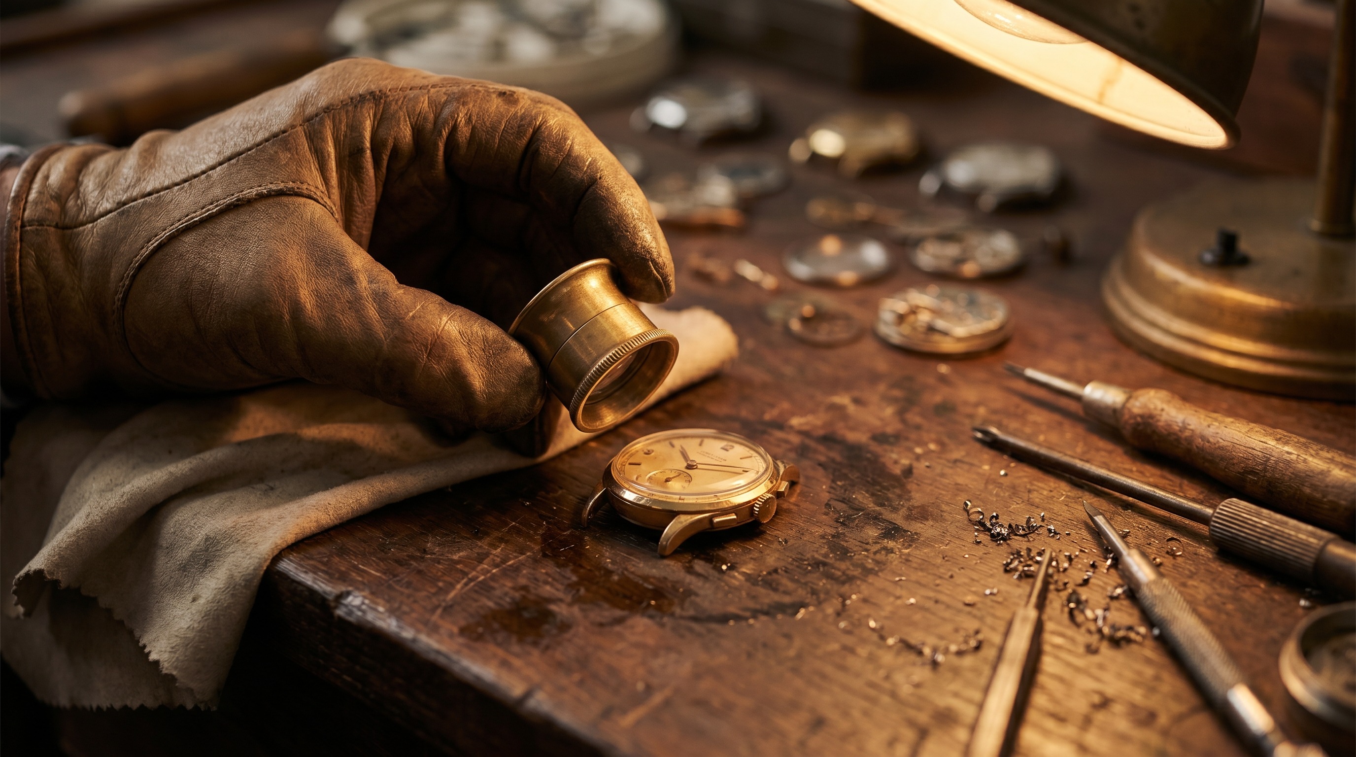 Specialist inspecting a vintage gold watch case with a jeweller's loupe