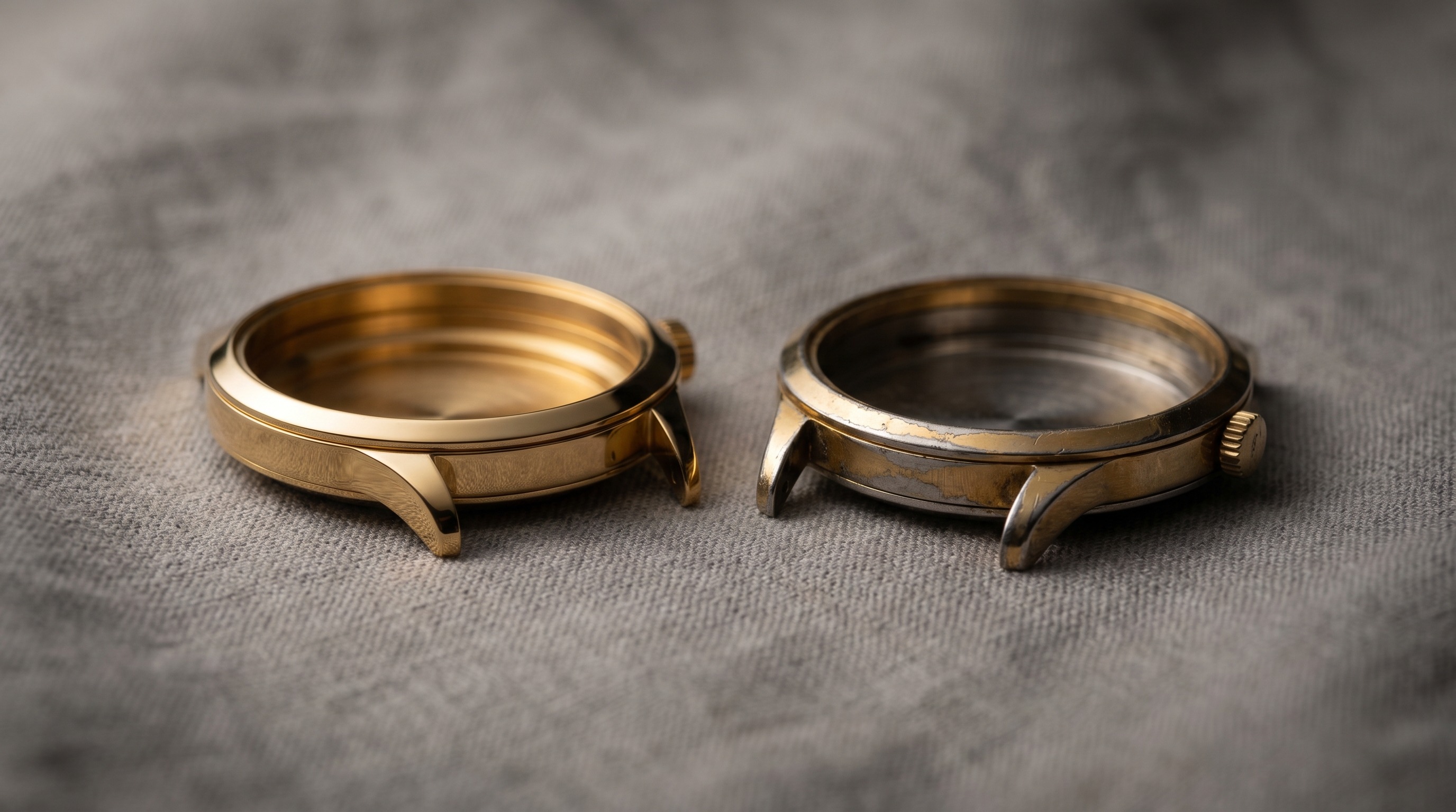 Solid gold vintage watch case beside a gold-plated case worn through to base metal at the edges