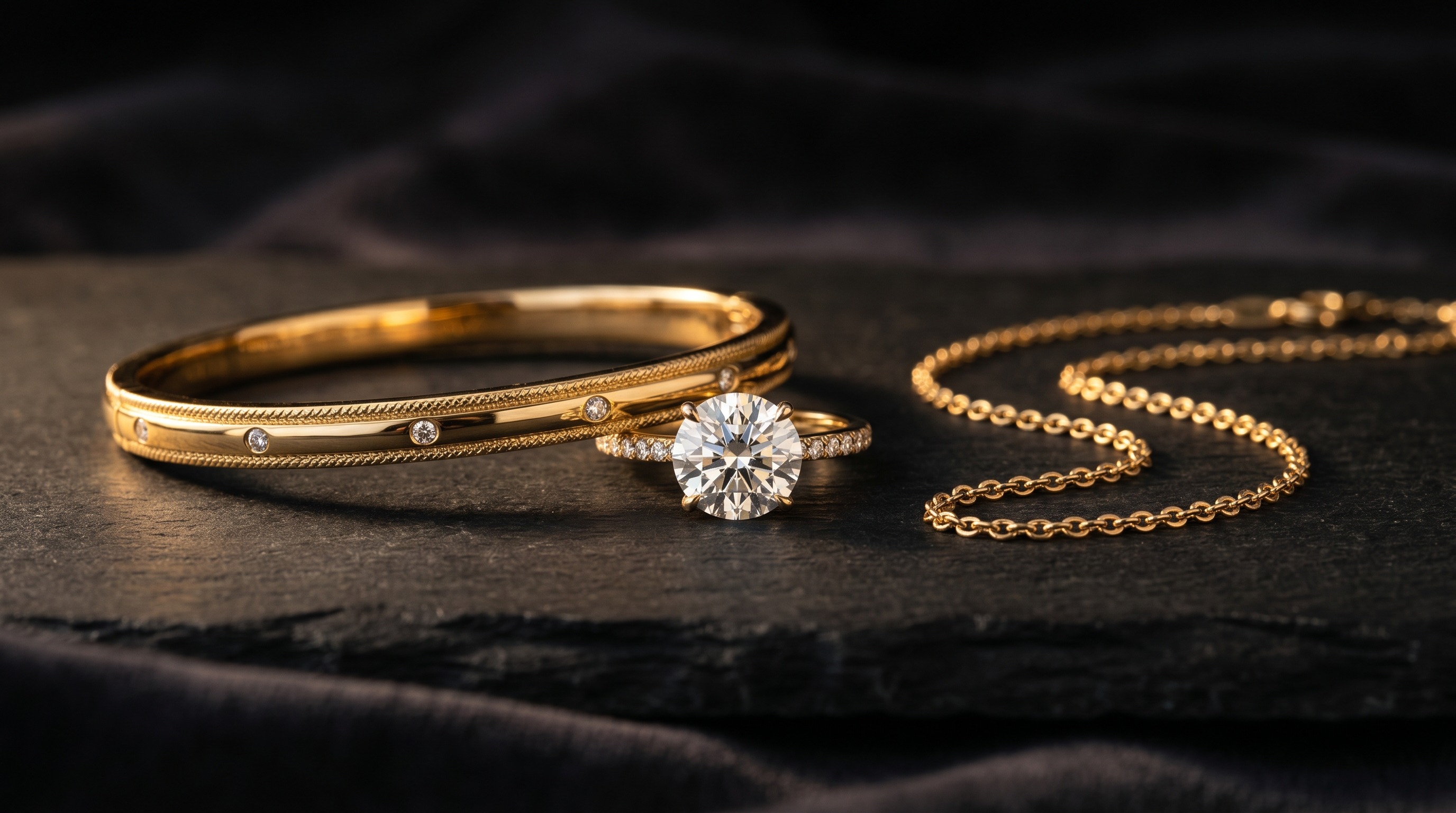 Iconic fine gold and diamond designer jewellery on a dark luxurious surface — Mozeris Fine Antiques