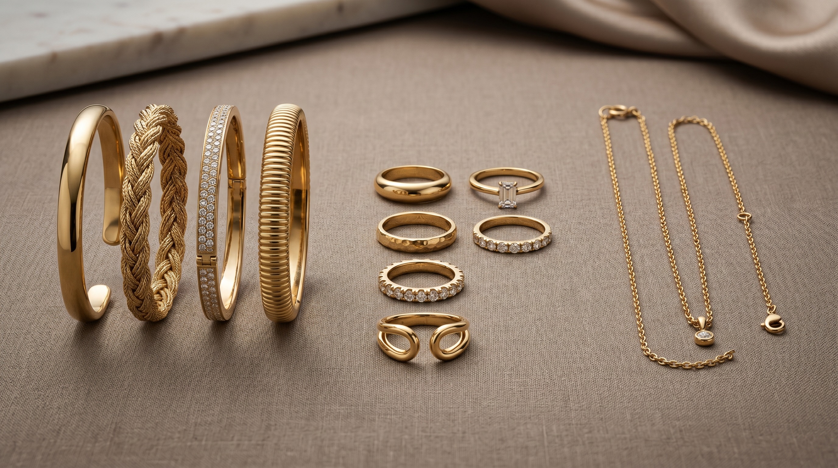 Lineup of fine gold designer jewellery by type