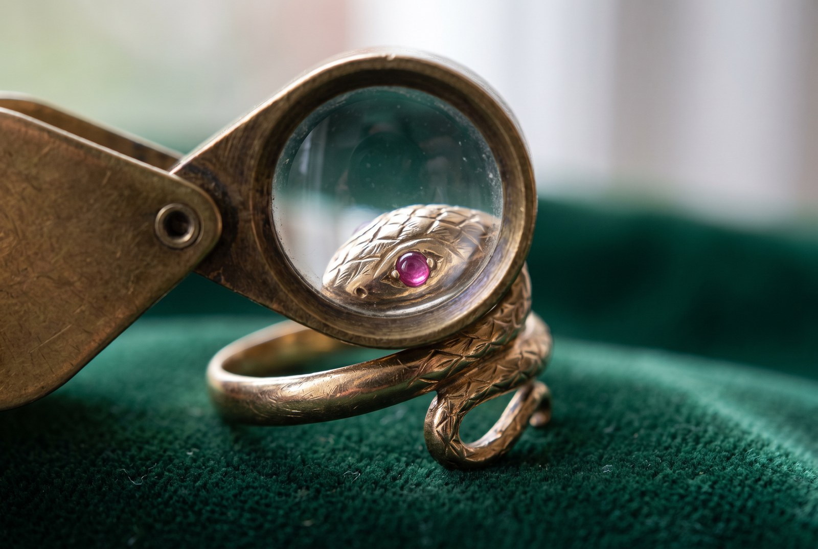 Illustration of a jeweller's loupe over the head of an antique gold snake ring