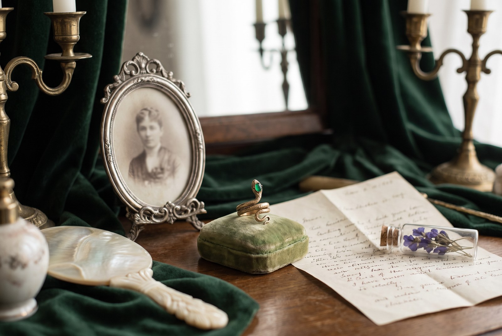 Illustration of a Victorian dressing table with a gold snake ring on a ring stand