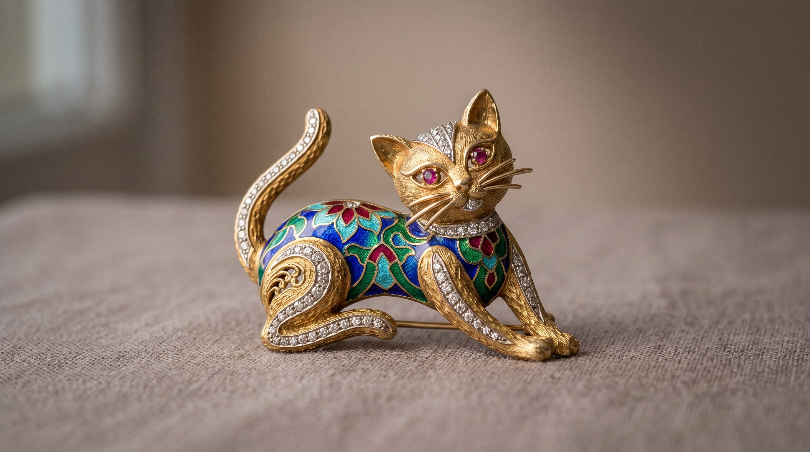 Vintage Kutchinsky gold and enamel cat brooch — Mozeris Fine Antiques