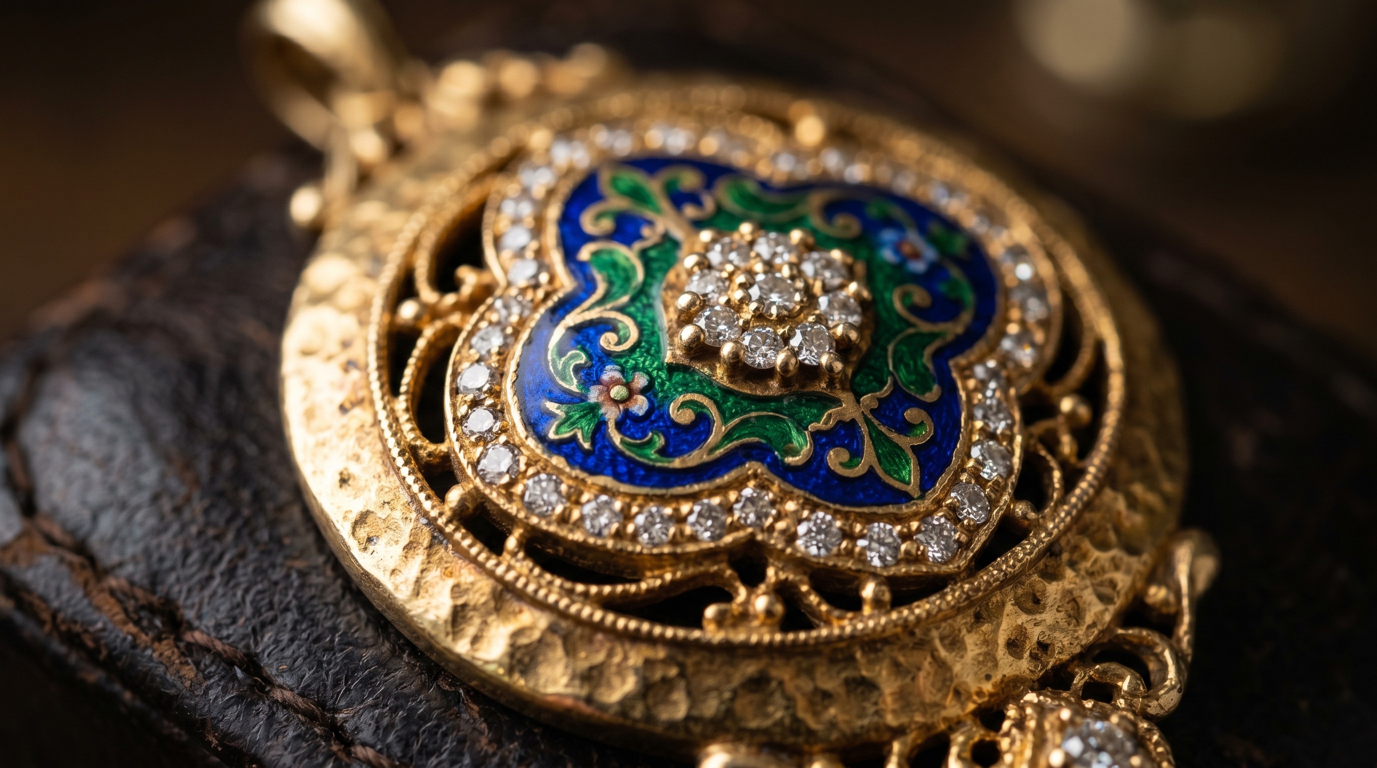 Close-up of vintage Kutchinsky textured gold and enamel