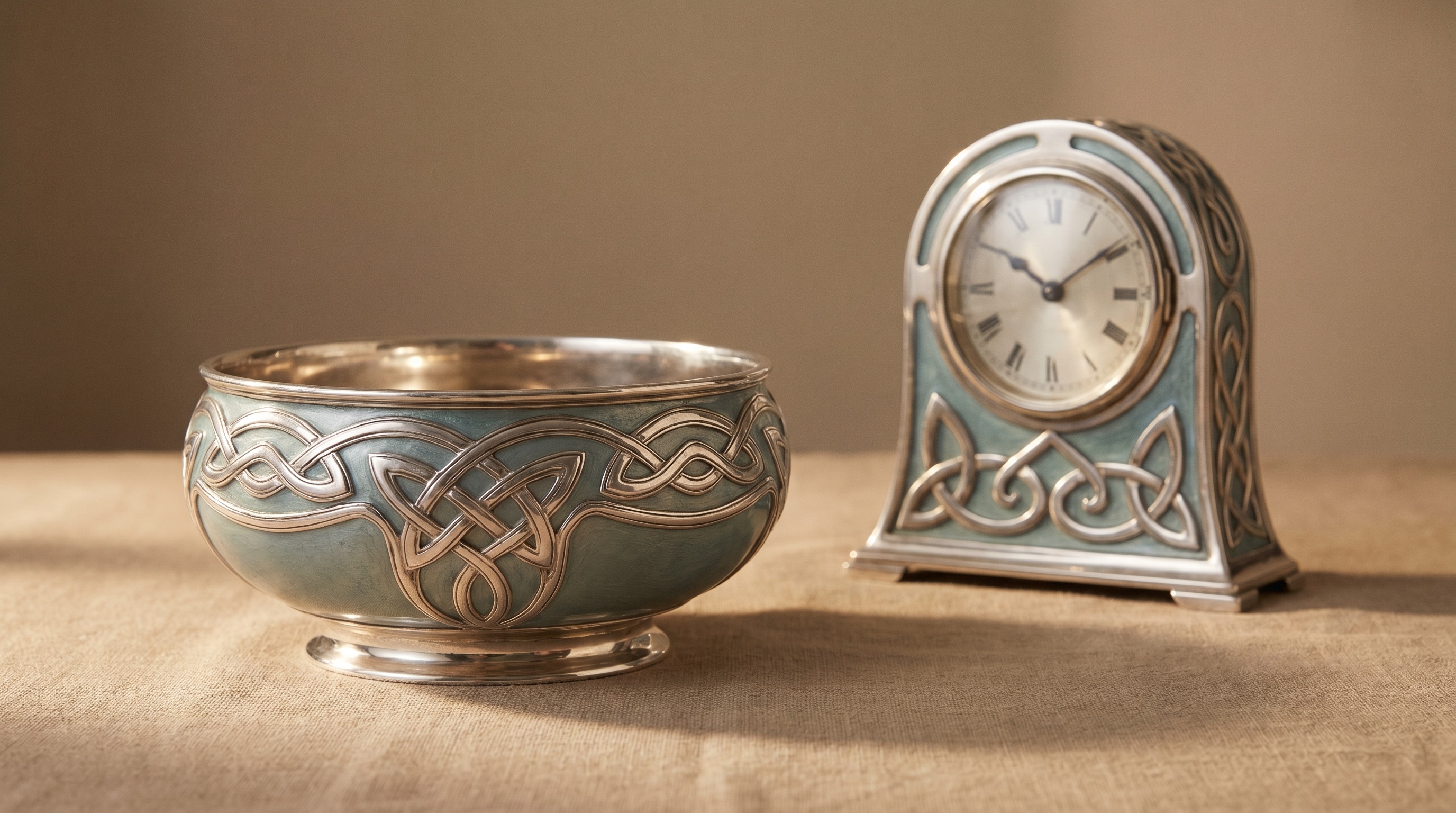 Art Nouveau Celtic-revival sterling silver bowl with entrelac knotwork and blue-green enamel in the Liberty Cymric / Archibald Knox style — Mozeris Fine Antiques guide
