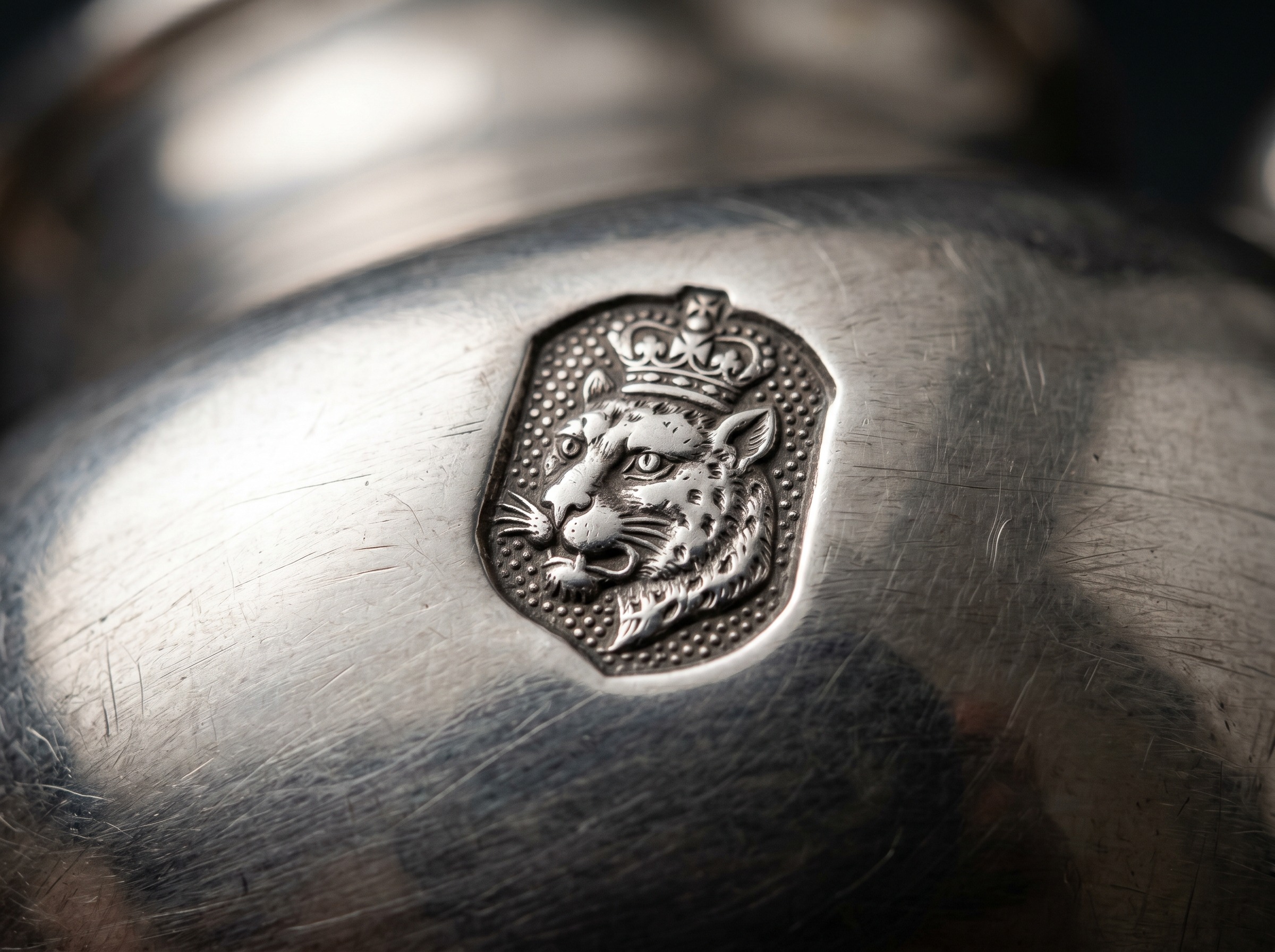 Extreme macro of London Assay Office leopard's head hallmark struck on sterling silver