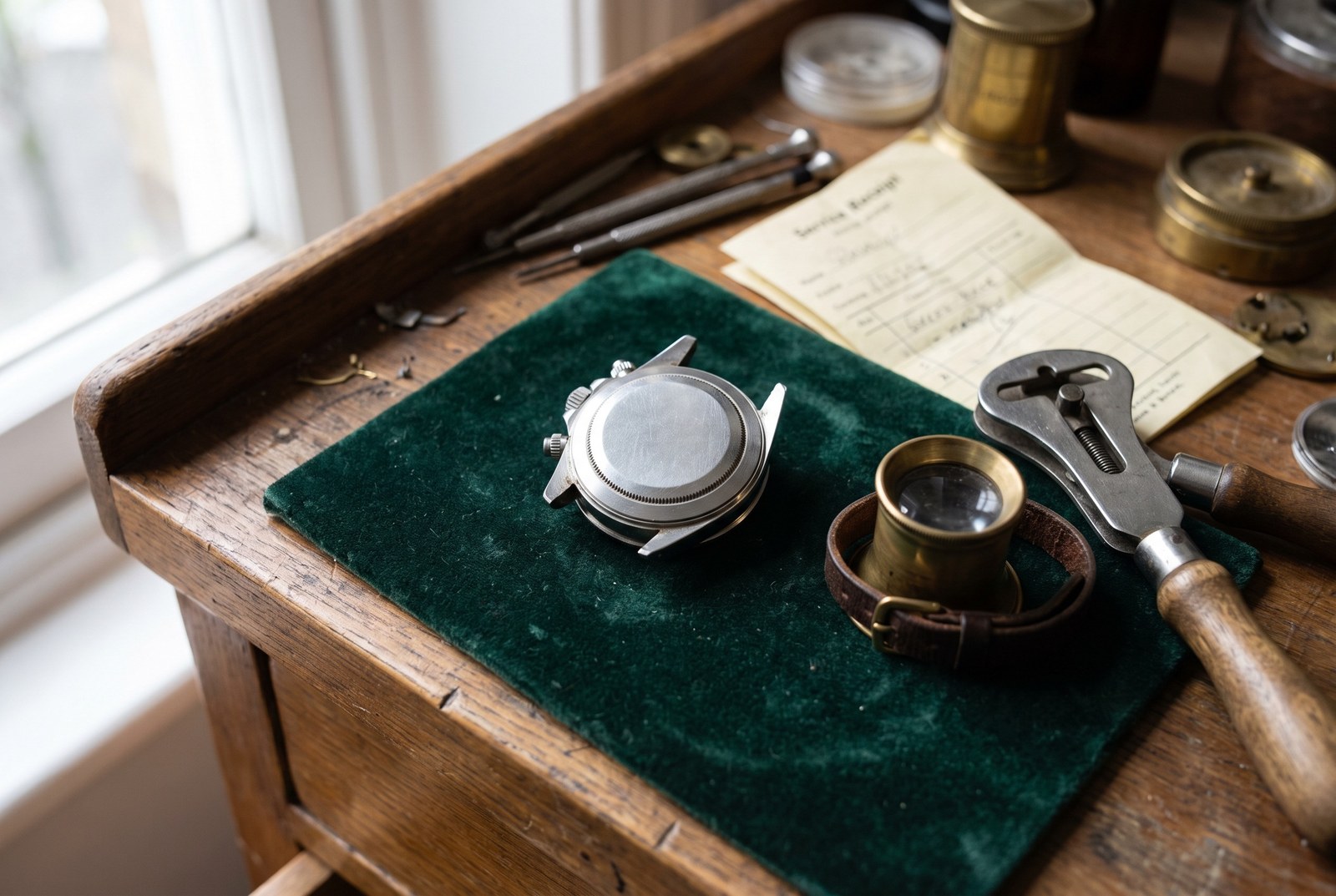 A steel chronograph lying face down on a watchmaker's bench beside a loupe