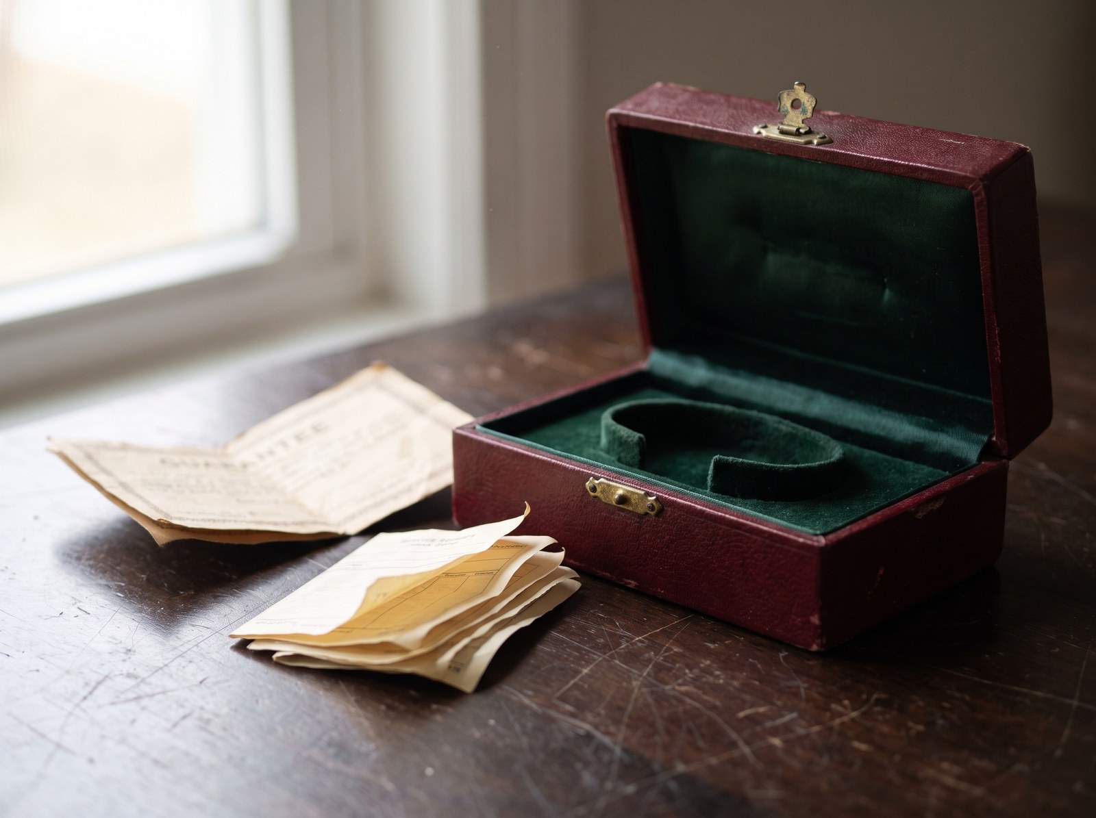 An empty vintage watch box with a guarantee card and service receipts