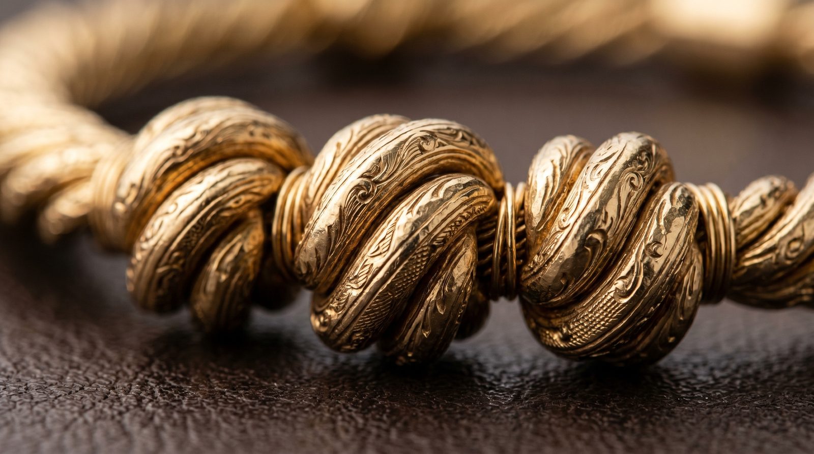 Close-up of hand-engraved coil texture on a Marco Bicego Africa 18ct gold bead