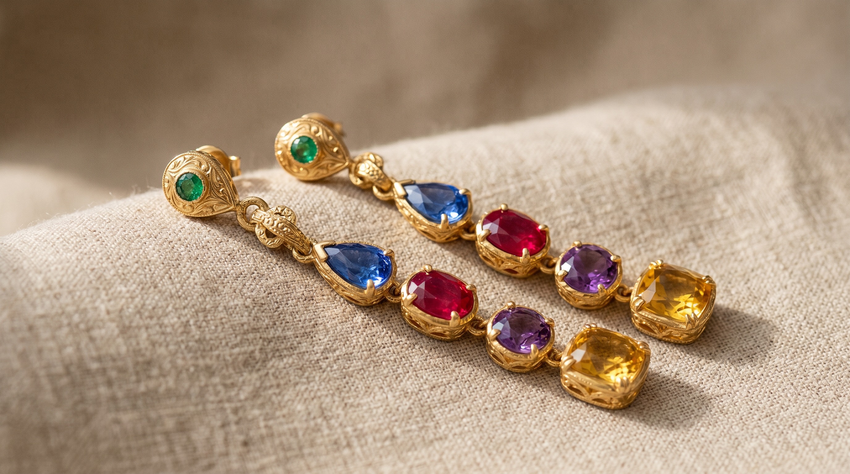 Marco Bicego Jaipur gold drop earrings with coloured gemstones