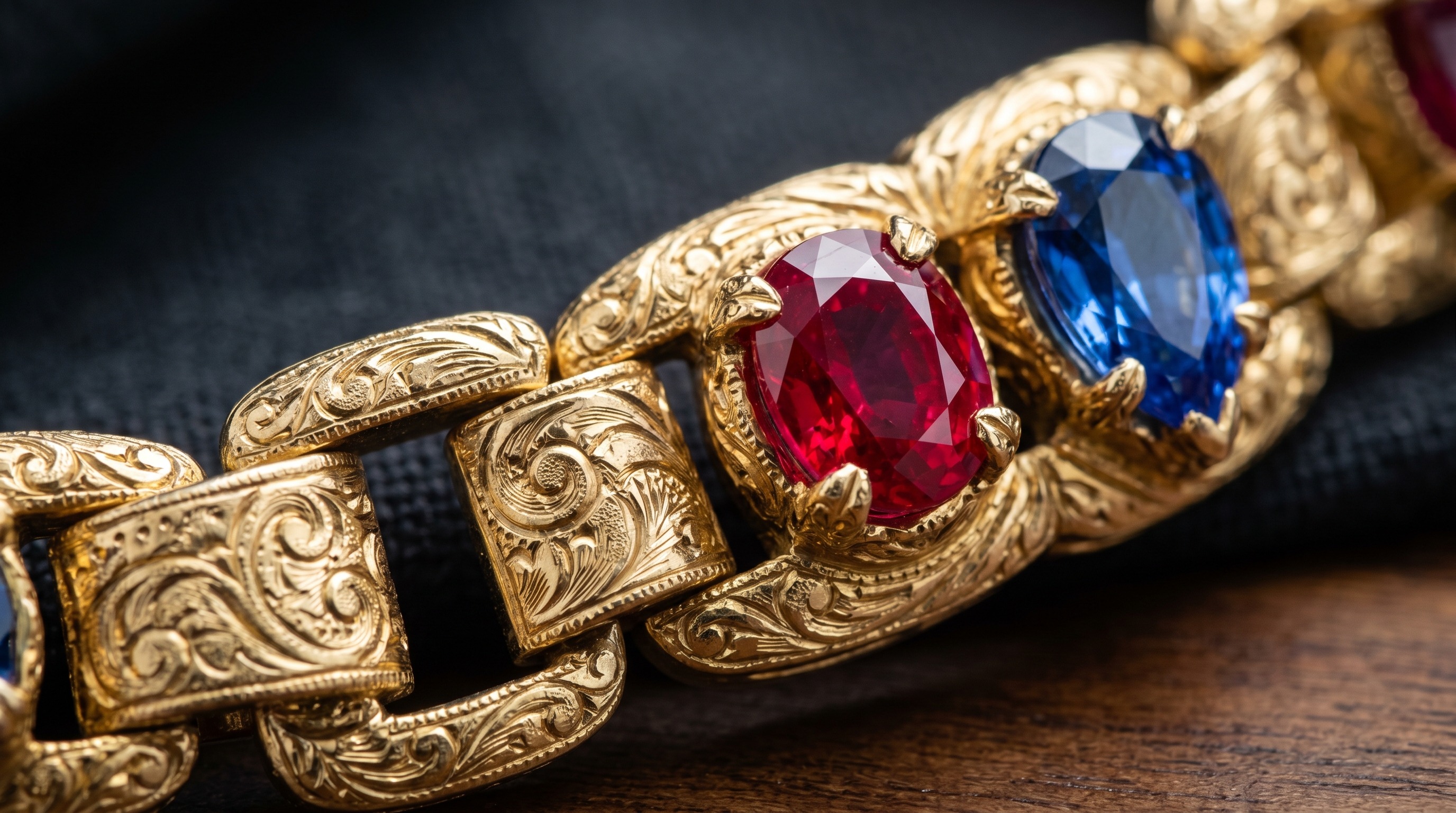 Close-up of hand-engraved gold links with faceted coloured gemstones