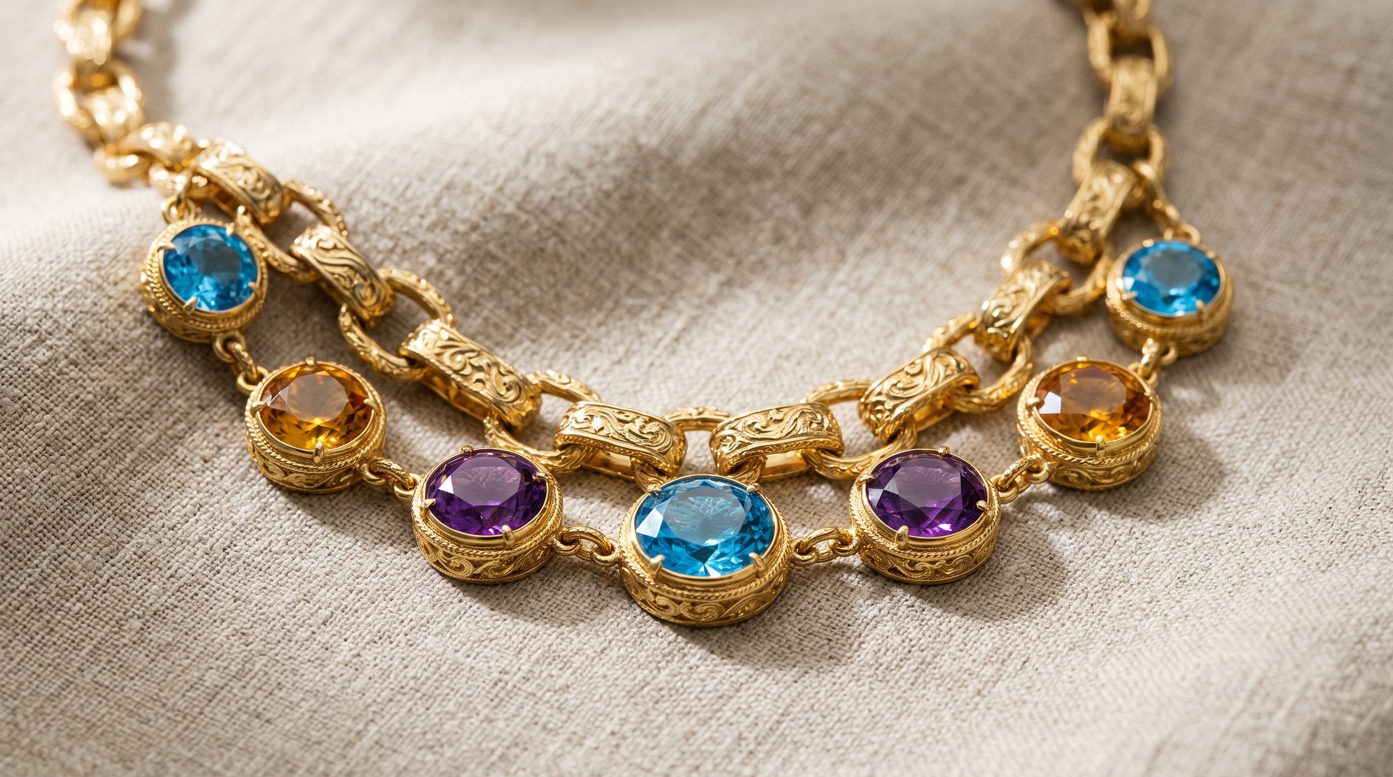 Marco Bicego Jaipur hand-engraved gold necklace with coloured gemstones — Mozeris Fine Antiques