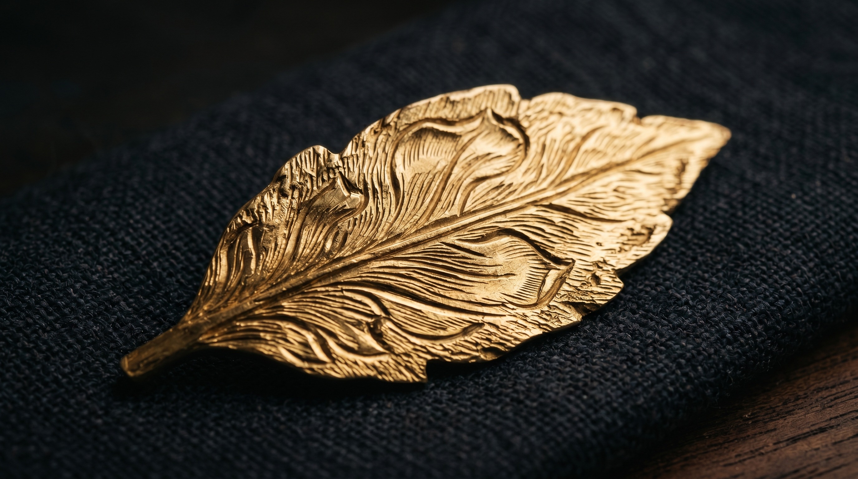 Close-up of flat hand-engraved leaf-shaped gold with bark-like texture