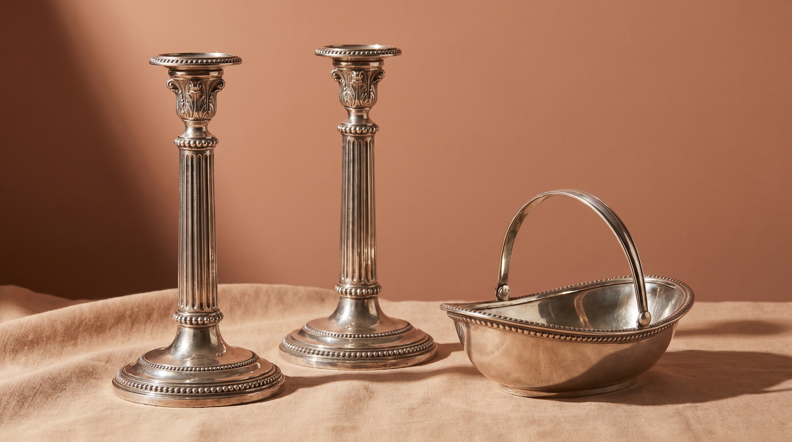 Neoclassical English sterling silver candlesticks and sugar basket in the style of Matthew Boulton's Soho Manufactory — Mozeris Fine Antiques guide