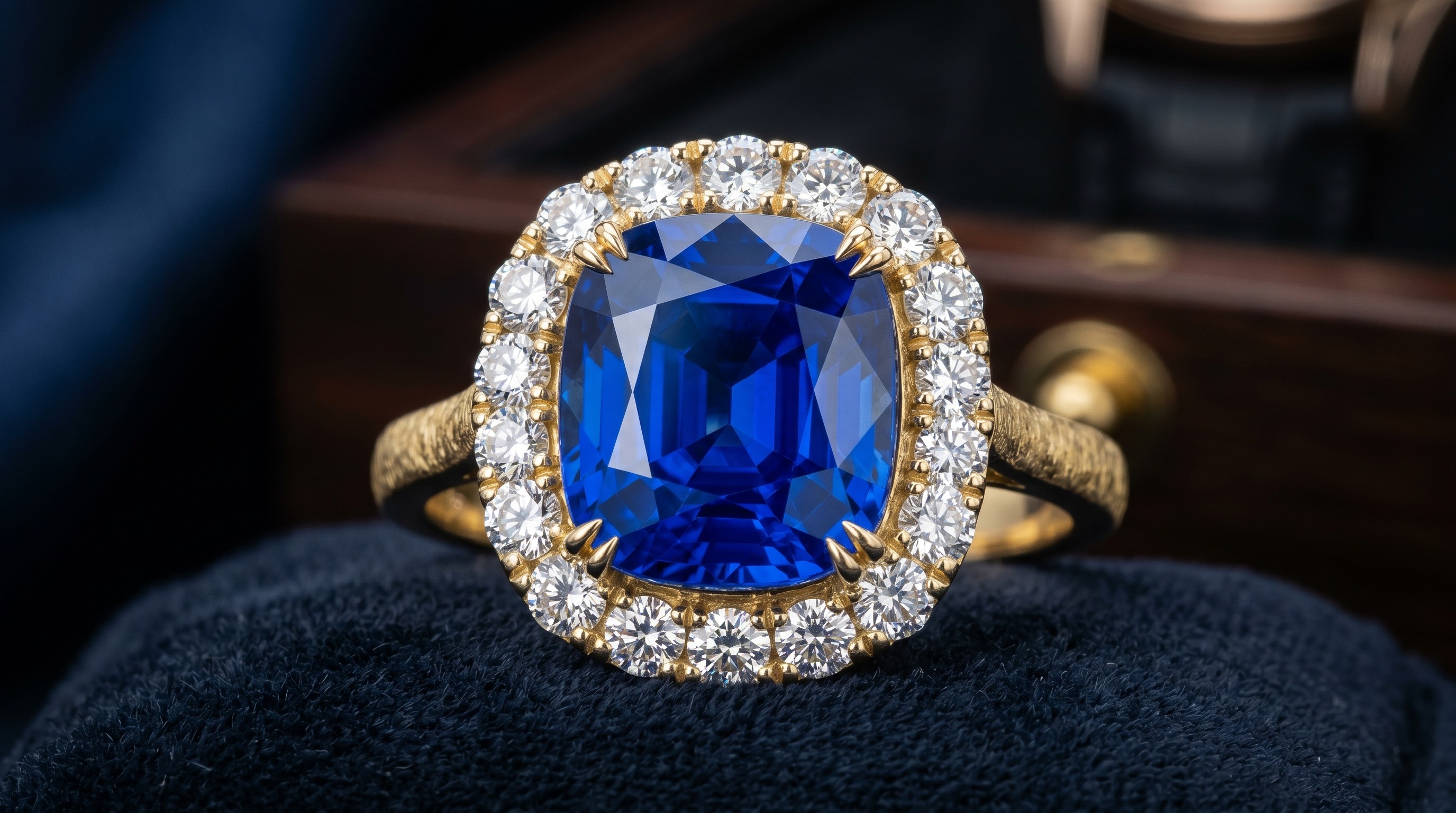 Close-up of a sapphire and diamonds in a Mauboussin gold setting