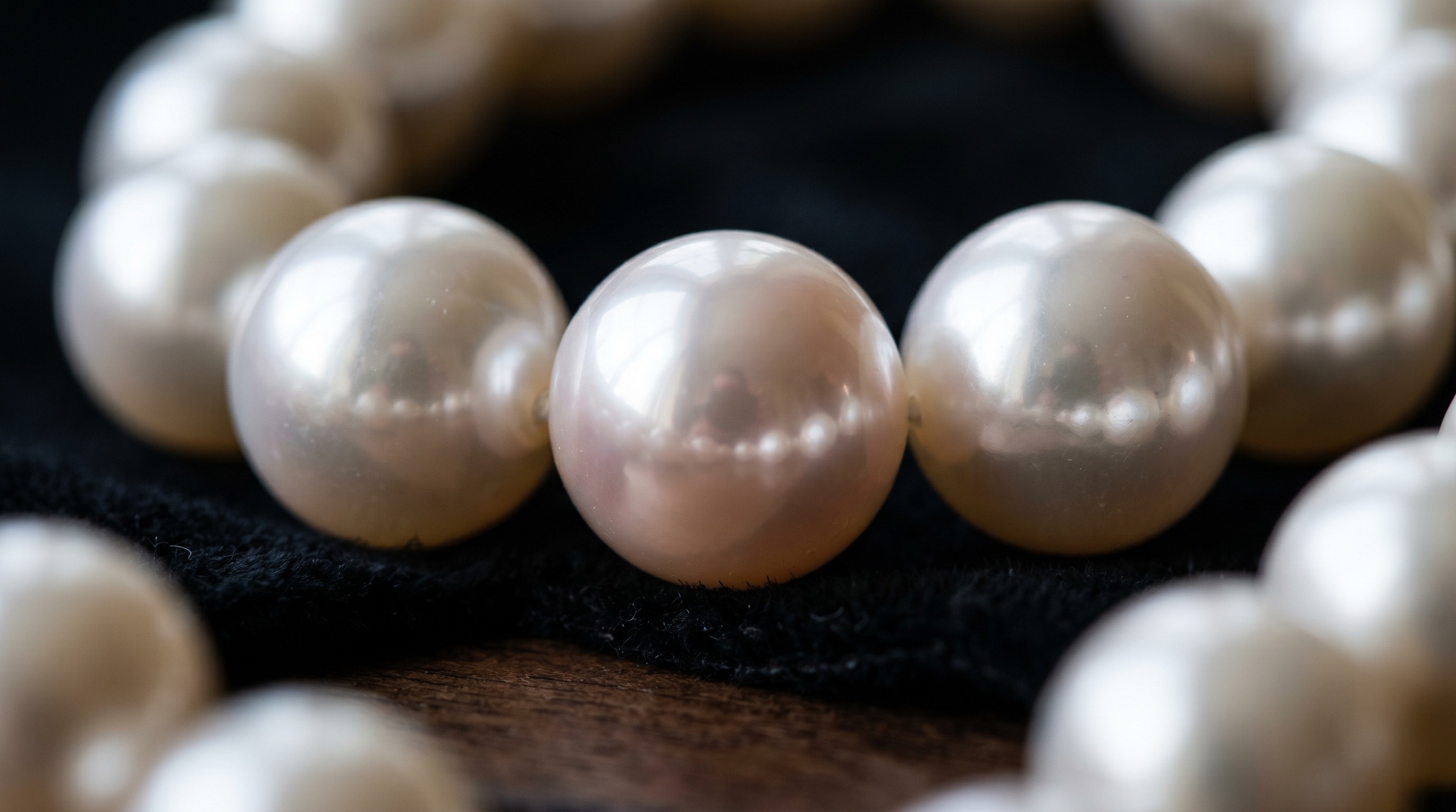 Close-up of lustrous white Akoya pearls with deep surface reflection