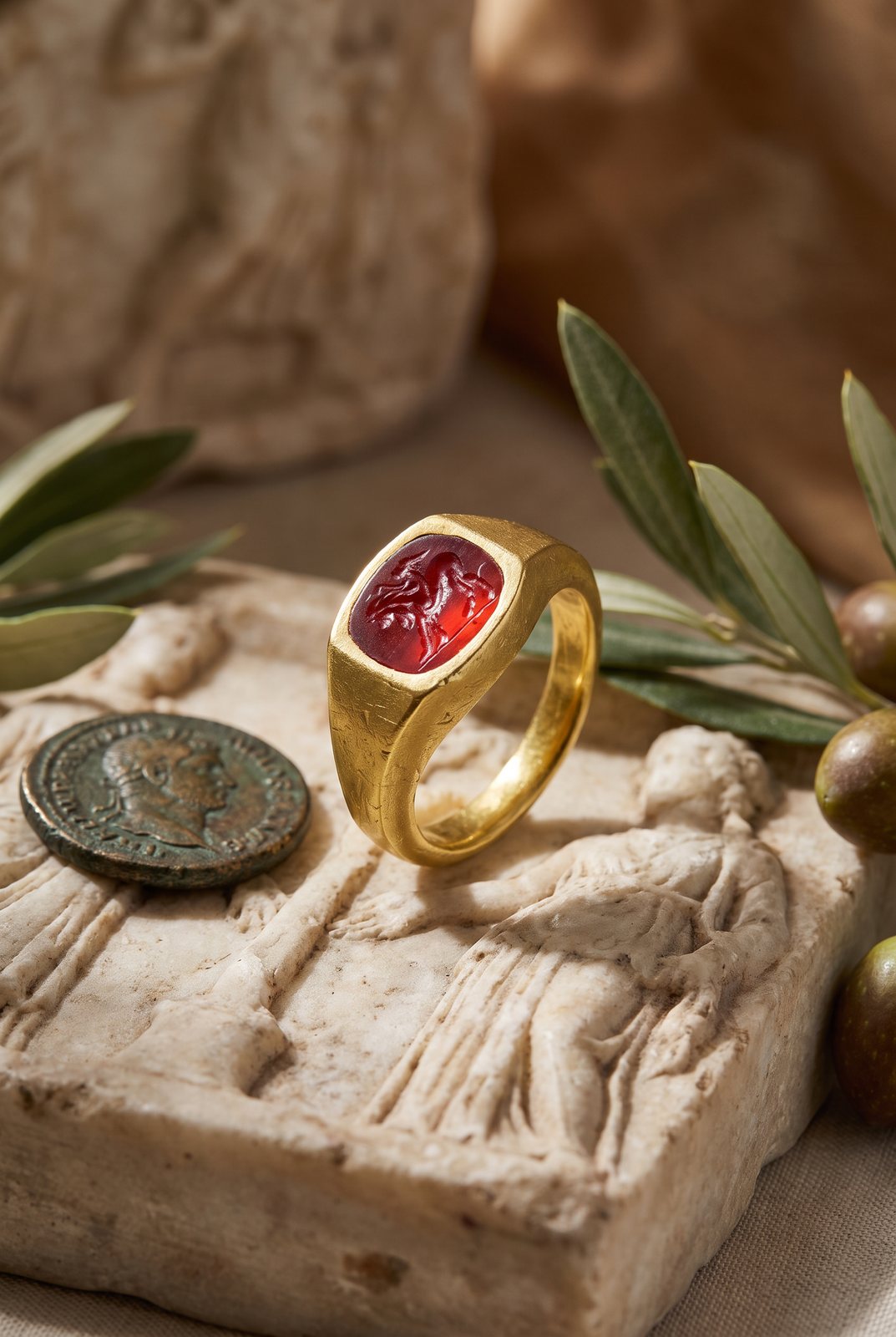 22KT Gold Ring with Roman Carnelian Intaglio of Cupid Riding a Lion, Roman jewellery at Mozeris Fine Antiques