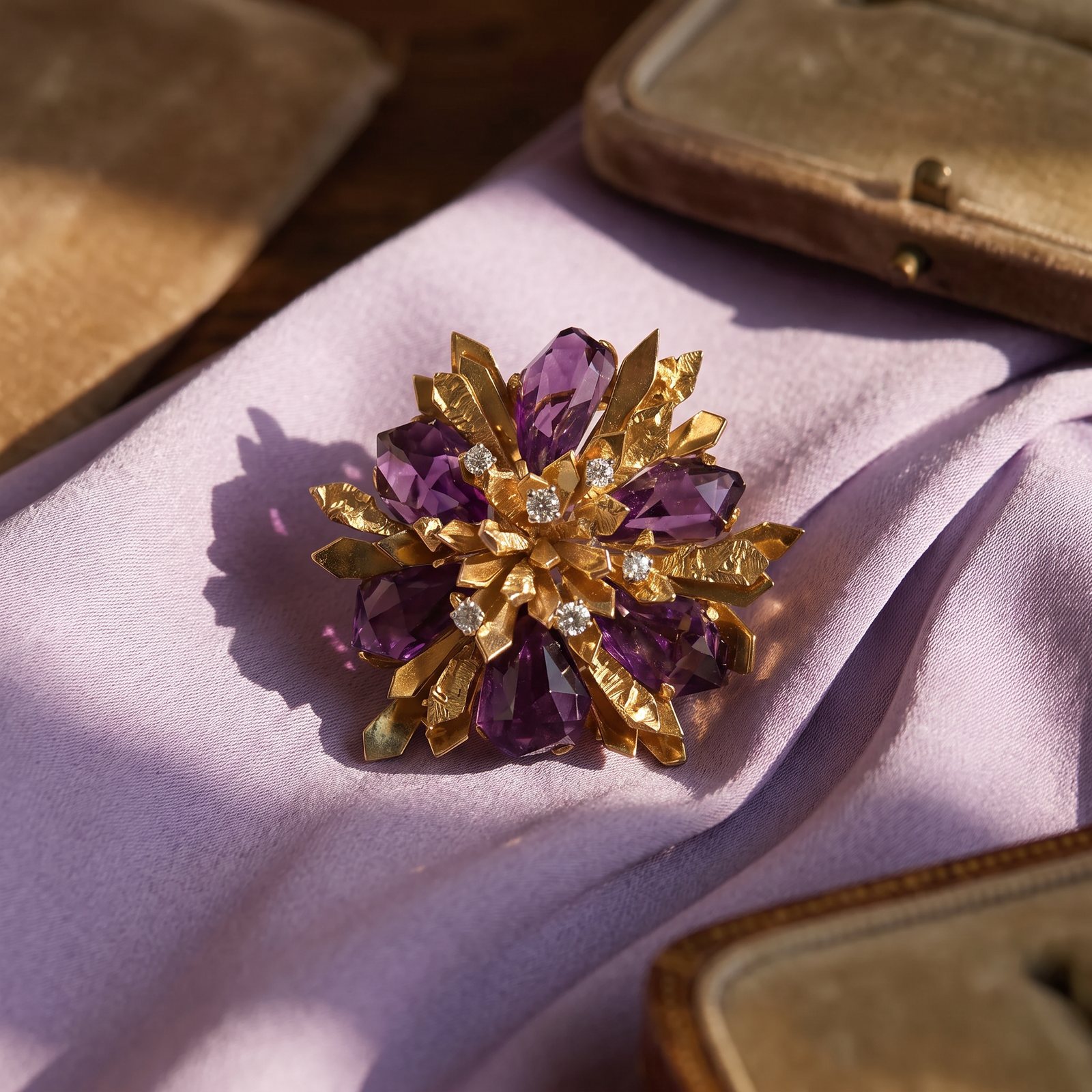 Alan Gard 18KT Gold, Amethyst & Diamond Brooch Pendant, London 1970s