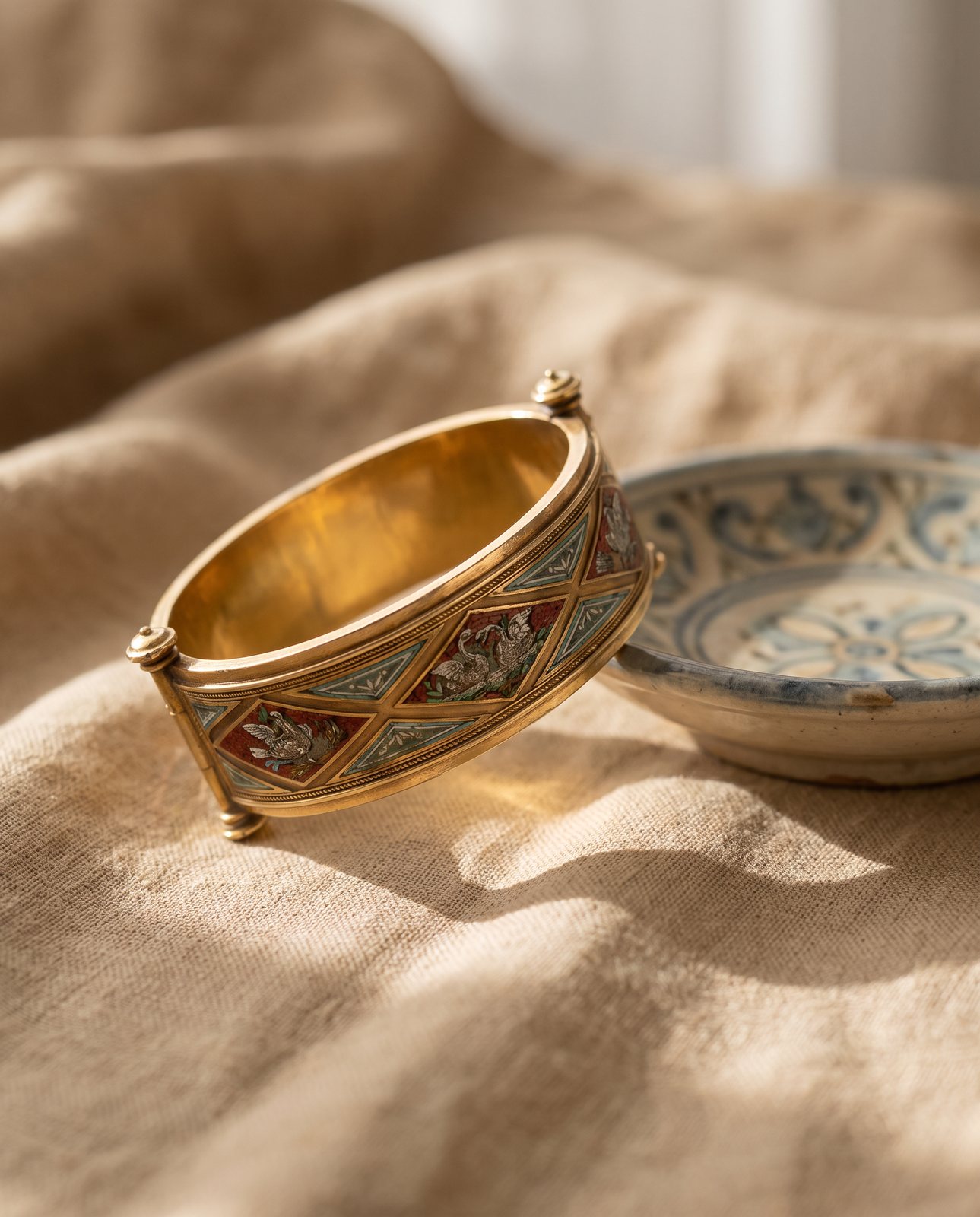 Antique 19th Century Italian Micromosaic 21KT Gold Bangle, Swans and Doves
