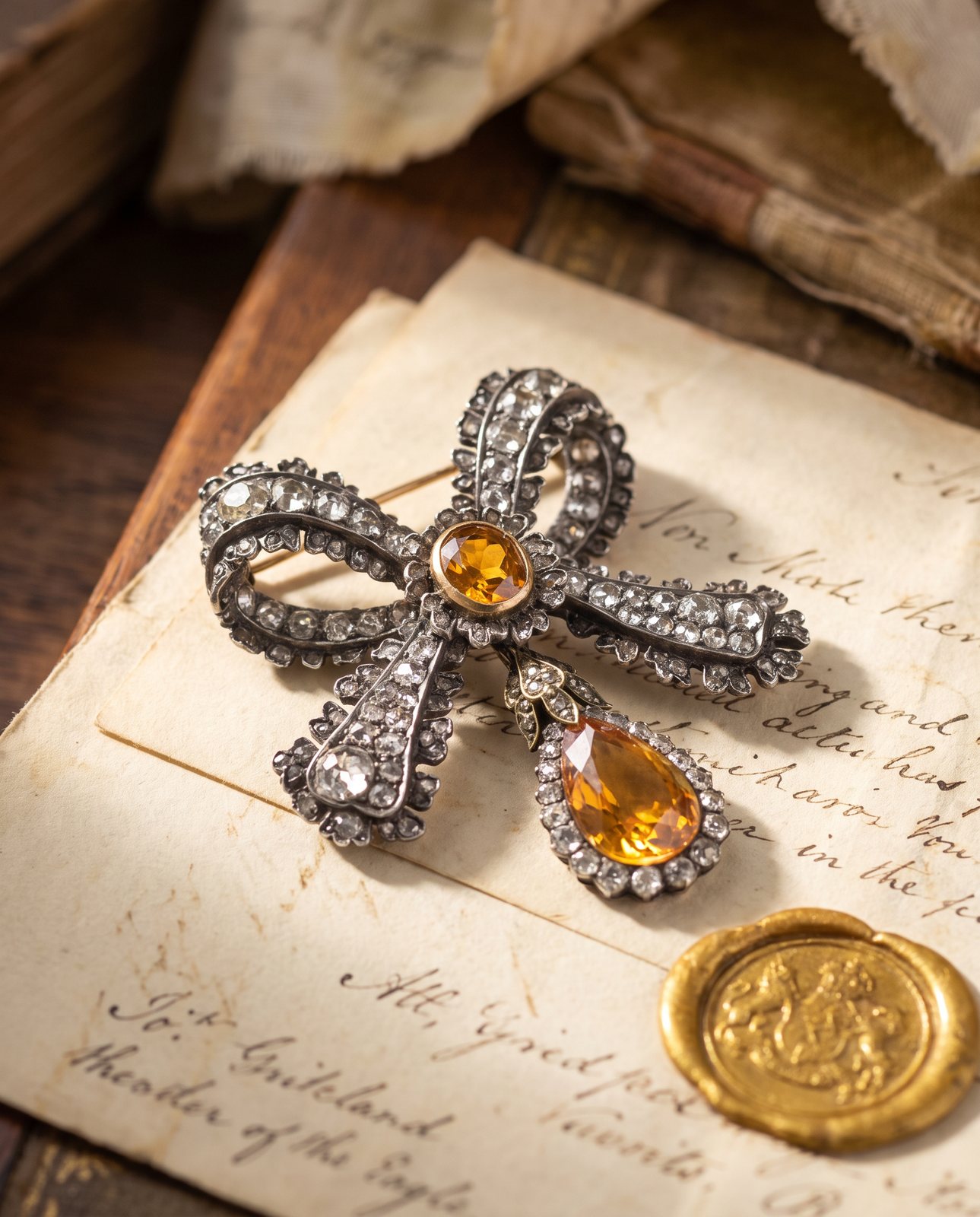 Antique Victorian Diamond and Citrine Bow Brooch, Silver and Gold, Circa 1870