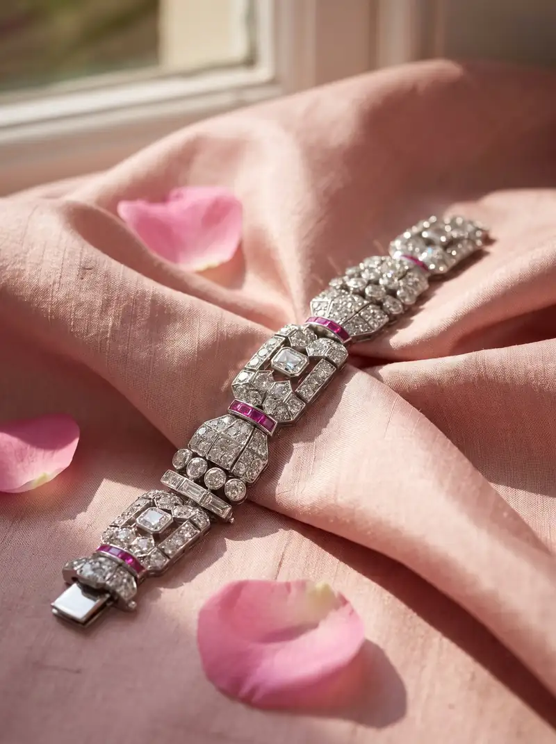 Art Deco Diamond and Pink Sapphire Bracelet, Platinum, antique bracelets at Mozeris Fine Antiques