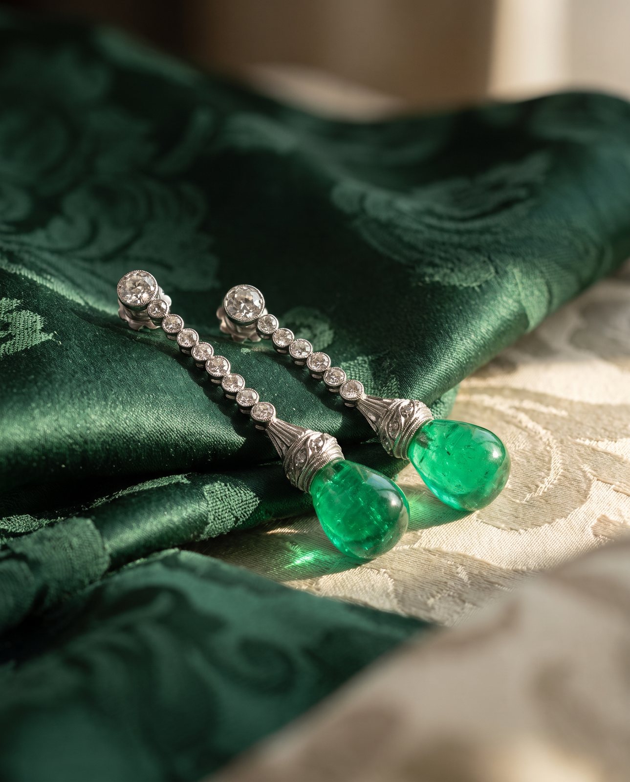 Art Deco Platinum Diamond and Colombian Emerald Drop Earrings