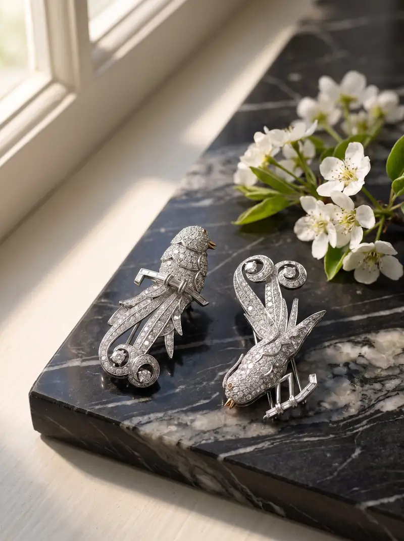 Art Deco Platinum Double Clip Diamond Bird Brooches, antique brooches at Mozeris Fine Antiques