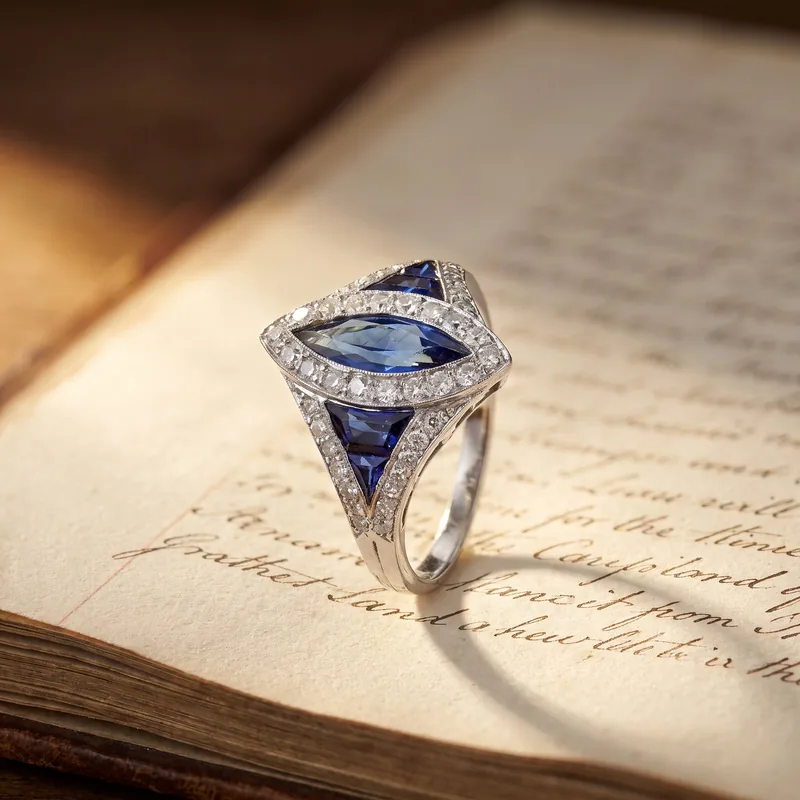 Art Deco Platinum Marquise Sapphire and Diamond Ring, Calibré Sapphire Shoulders