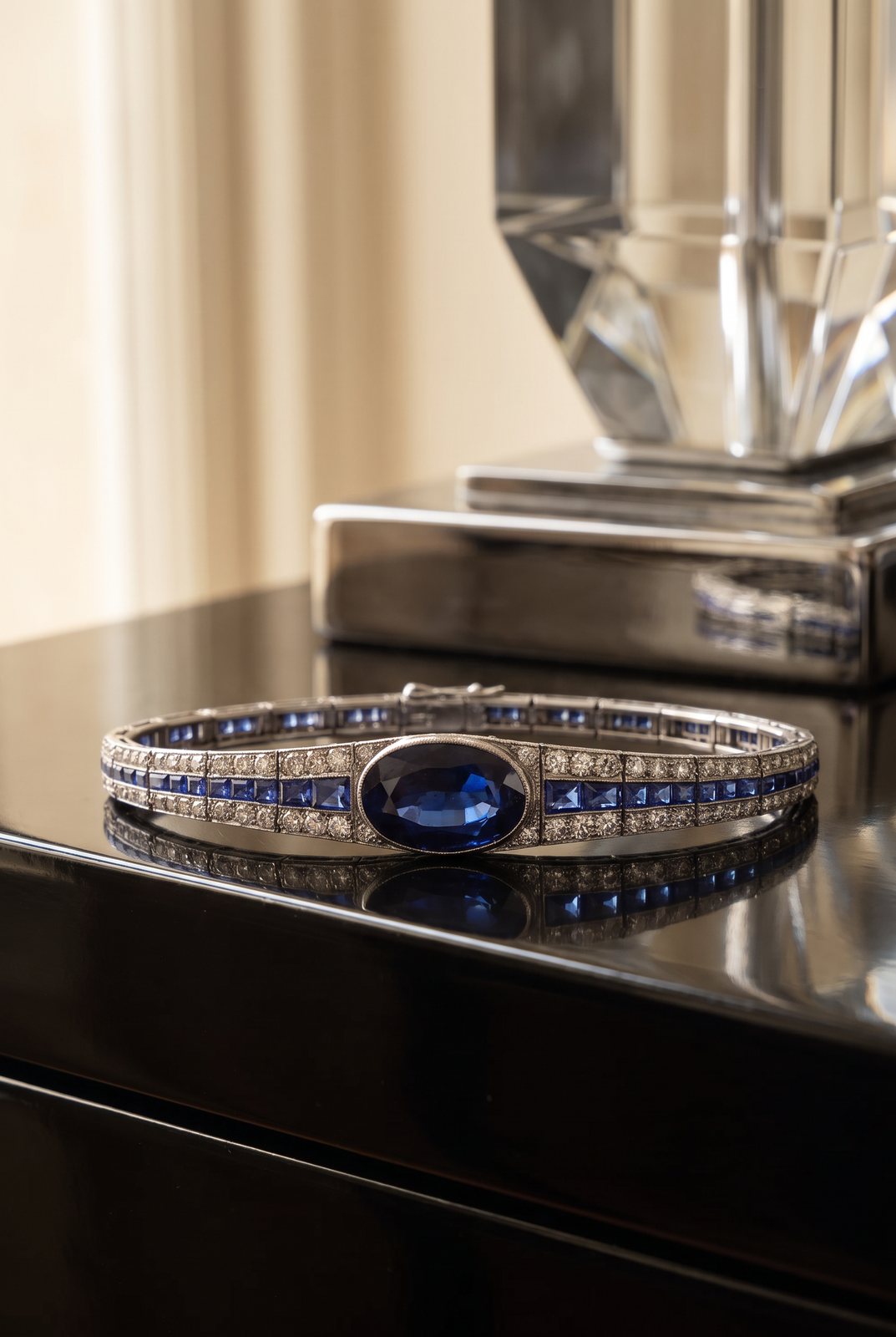 Art Deco Platinum Sapphire & Diamond Bracelet, Mauboussin Style, Art Deco jewellery at Mozeris Fine Antiques