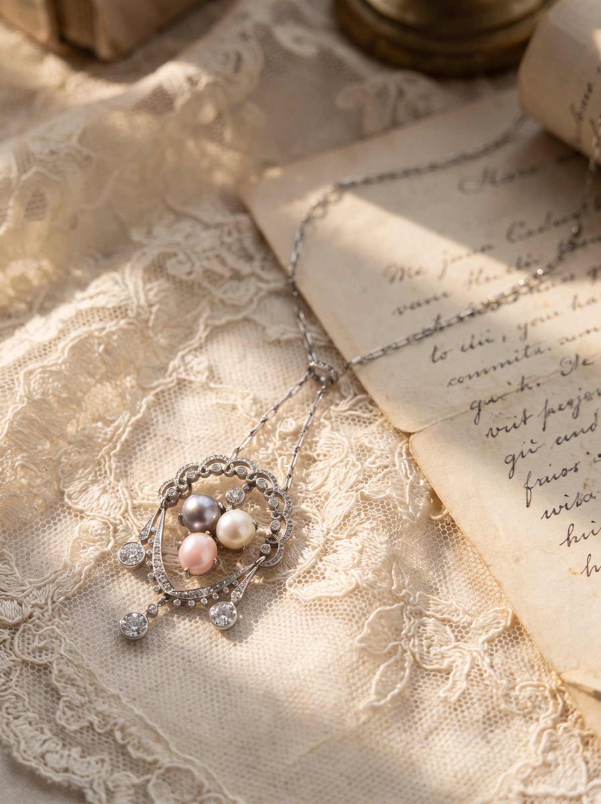 Belle Époque Conch Pearl and Diamond Pendant Necklace, Platinum, Circa 1910, antique necklaces at Mozeris Fine Antiques