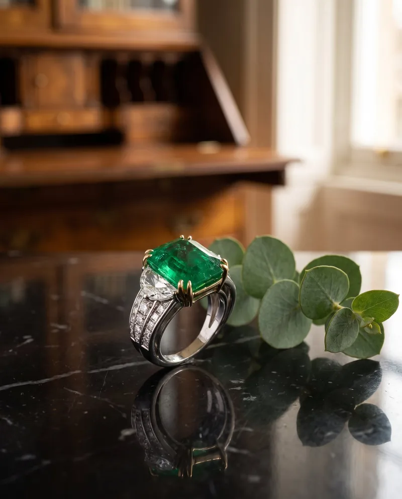 Colombian Emerald and Diamond Ring, 18KT White Gold