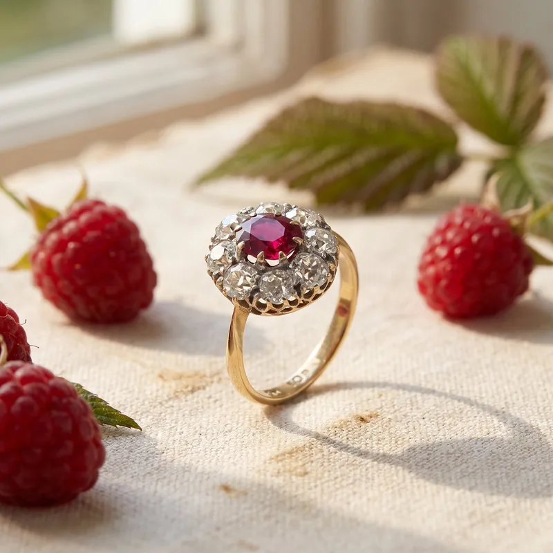 Edwardian 18KT Gold Natural Ruby and Old European Cut Diamond Cluster Ring