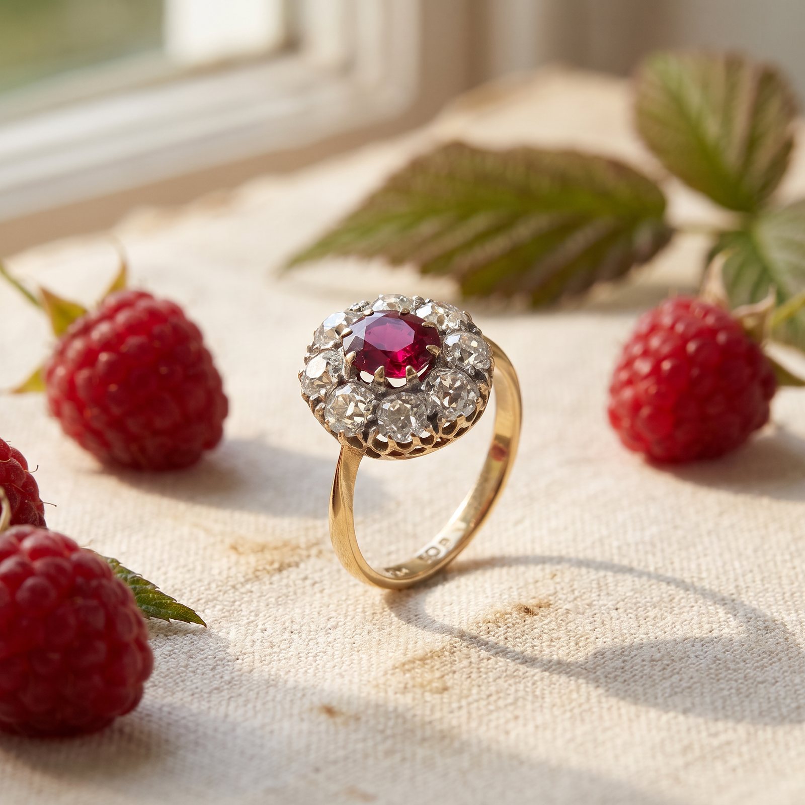 Edwardian 18KT Gold Natural Ruby and Old European Cut Diamond Cluster Ring