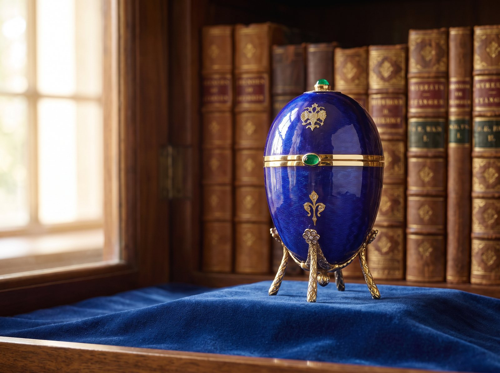 Faberge Blue Enamel, Diamond and Emerald Egg, objets d'art at Mozeris Fine Antiques