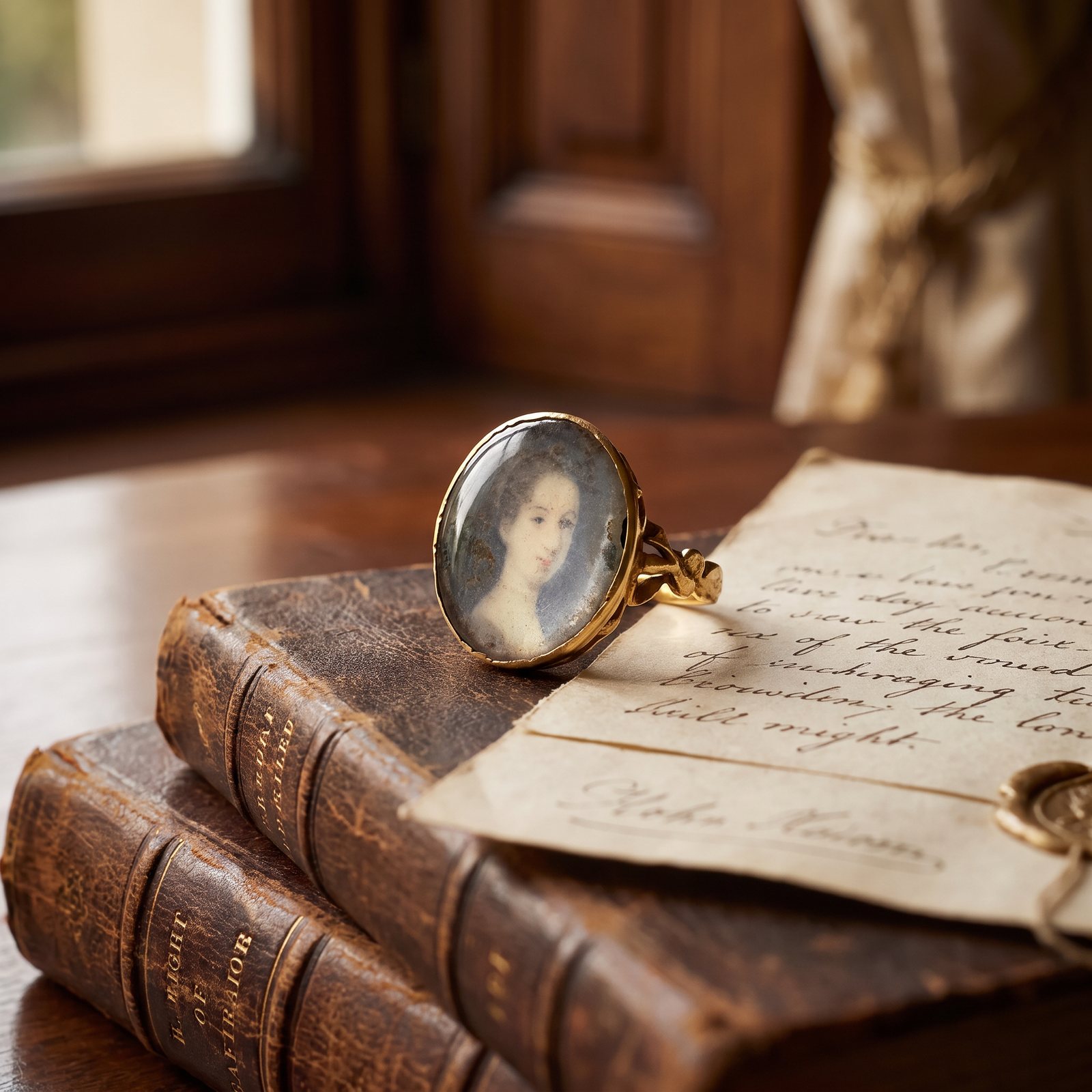 Georgian 18KT Gold Portrait Miniature Ring, Painted Lady Under Glass