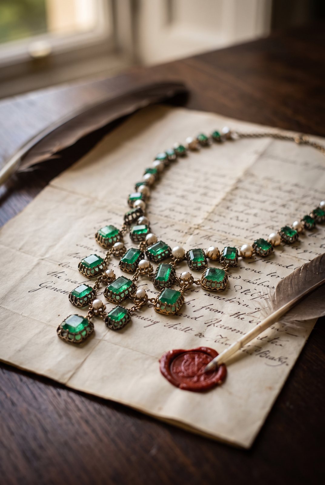 Georgian Emerald and Natural Pearl Necklace, Georgian jewellery at Mozeris Fine Antiques