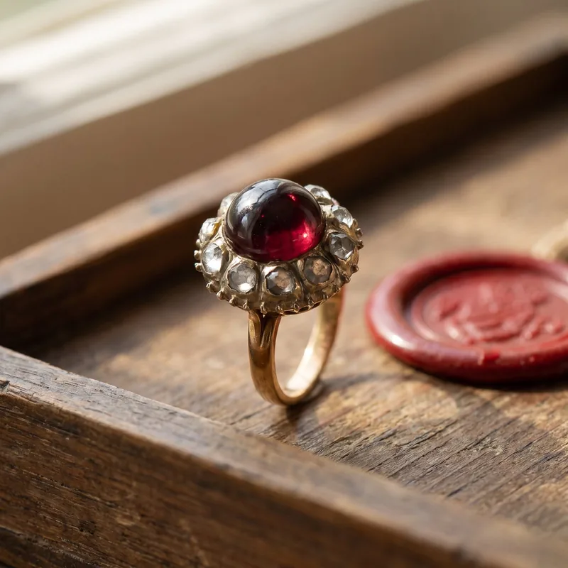 Georgian Gold Cabochon Garnet and Rose Cut Diamond Cluster Ring