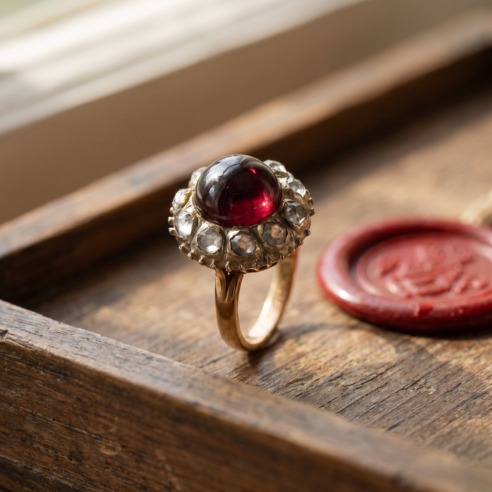 Georgian Gold Cabochon Garnet and Rose Cut Diamond Cluster Ring