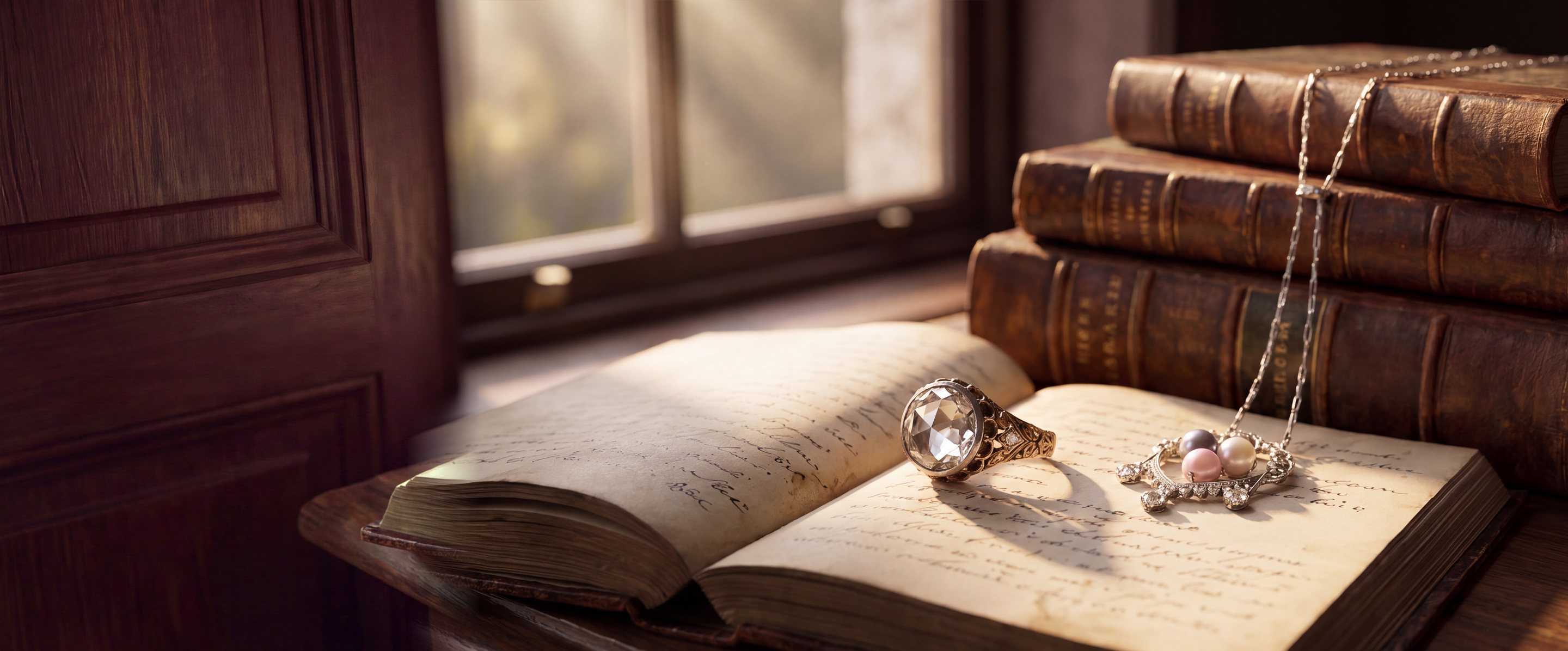 Georgian rose cut diamond ring and Belle Epoque conch pearl and diamond pendant on an antique handwritten book in window light, Mozeris Fine Antiques
