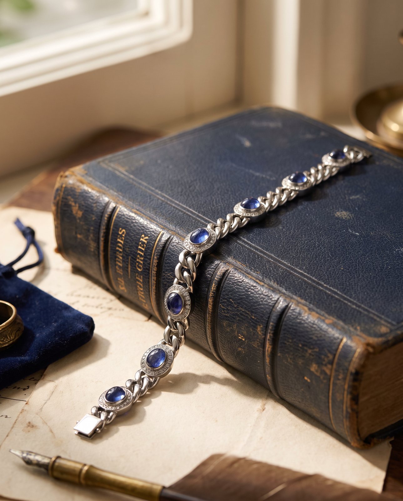 Natural Sapphire Cabochon and Diamond Curb Link Bracelet, 18KT White Gold