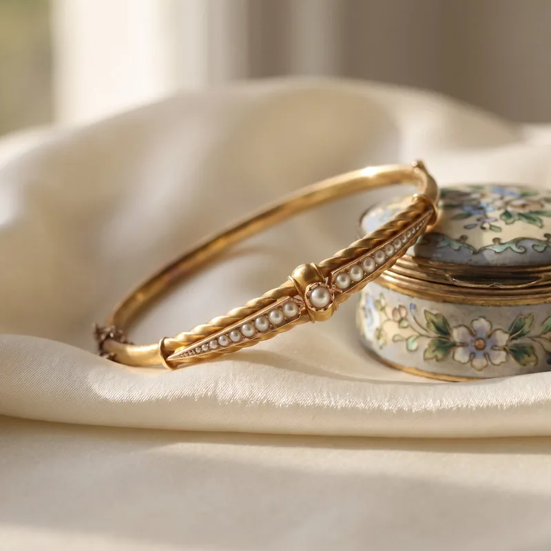 Victorian 15KT Gold Seed Pearl Hinged Bangle, Twisted Rope Panels