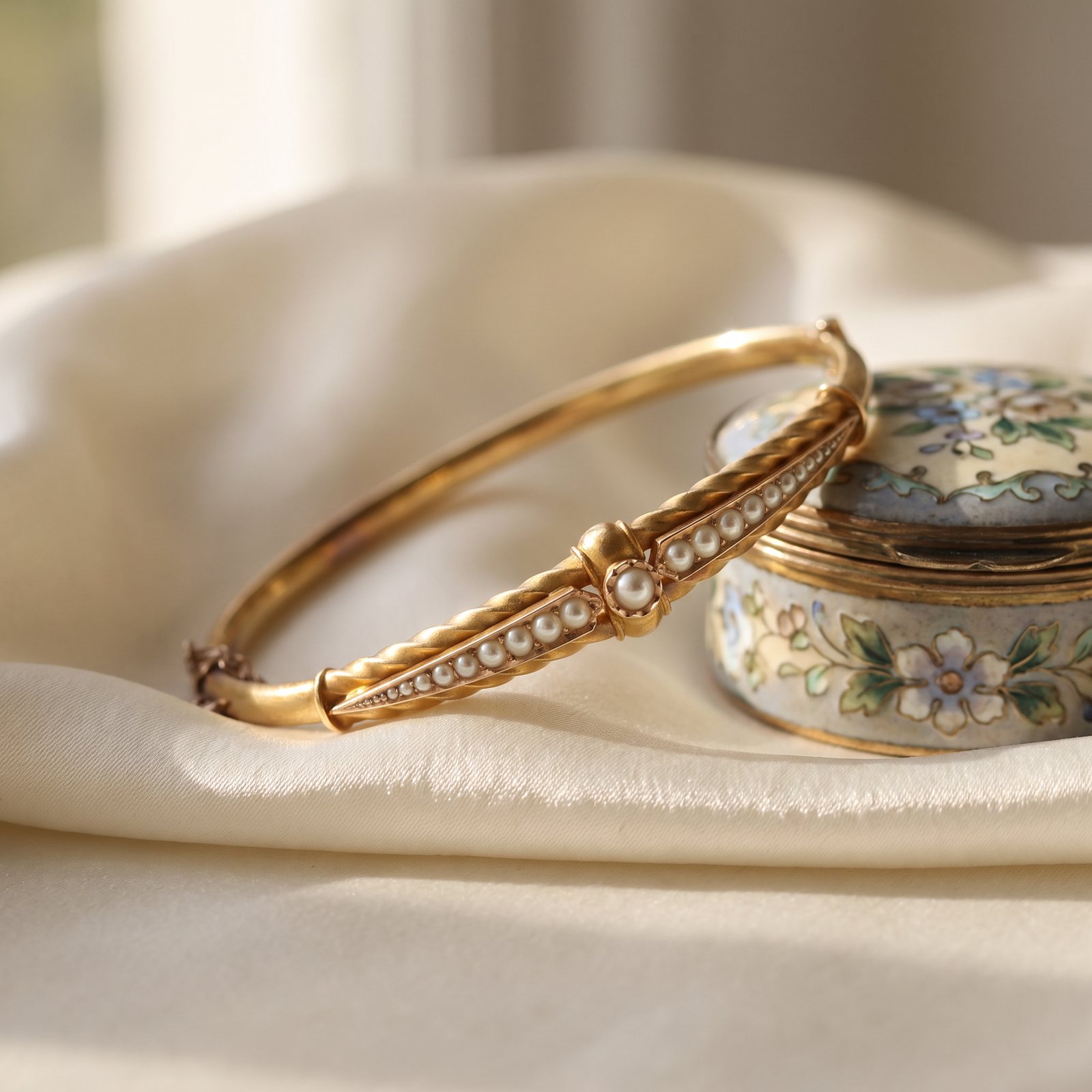 Victorian 15KT Gold Seed Pearl Hinged Bangle, Twisted Rope Panels