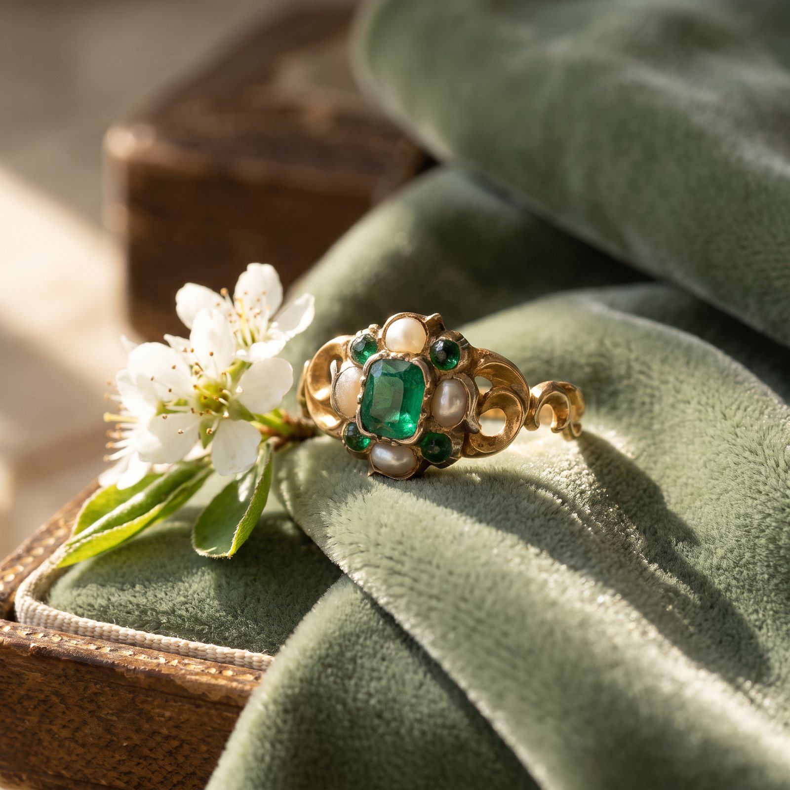 Victorian 18KT Gold Emerald and Pearl Cluster Ring, Pierced Scroll Shoulders